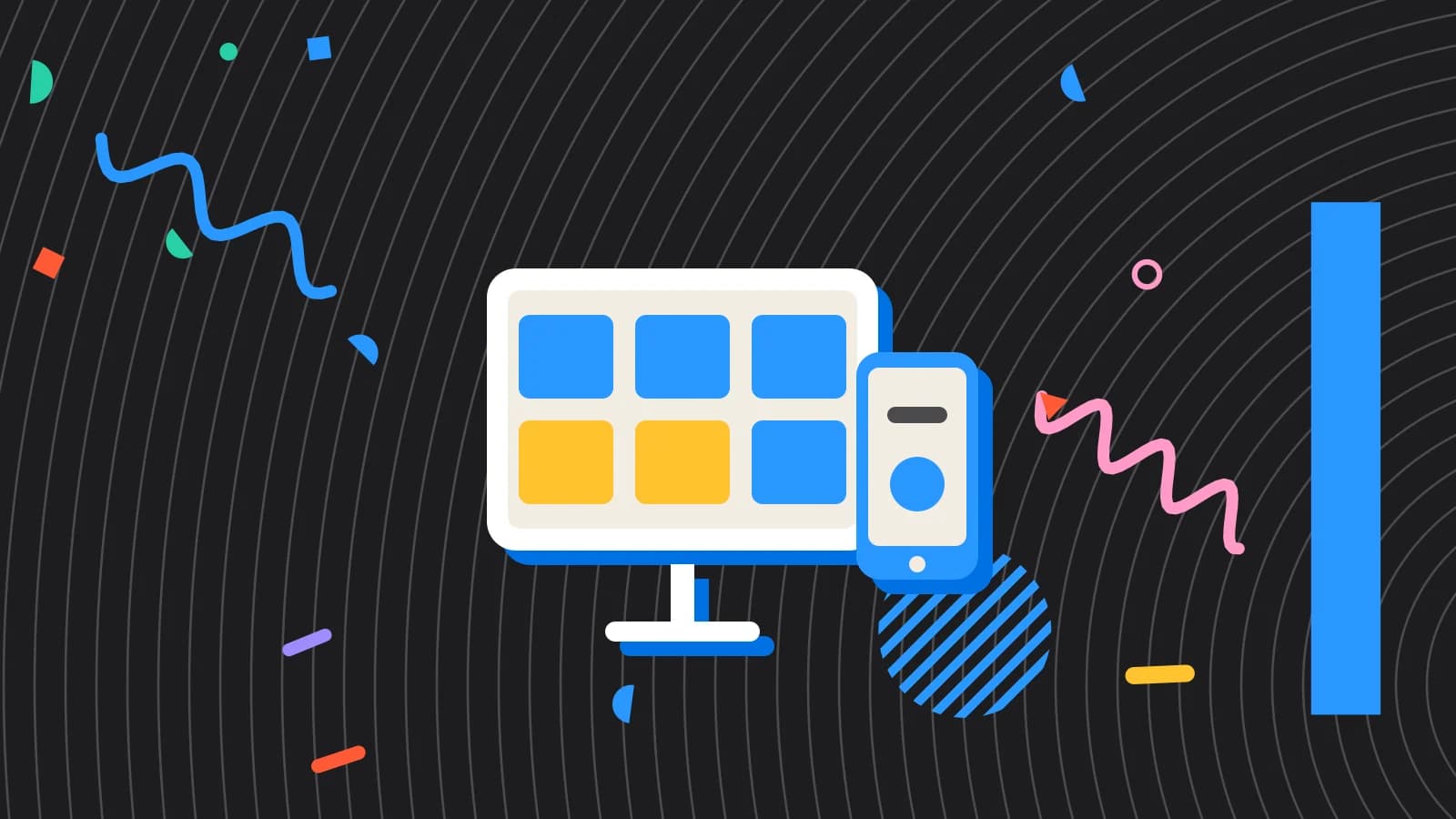 Illustration for POS demo questions: a tablet and a phone showing simple blocks, in yellow and light blue on black.