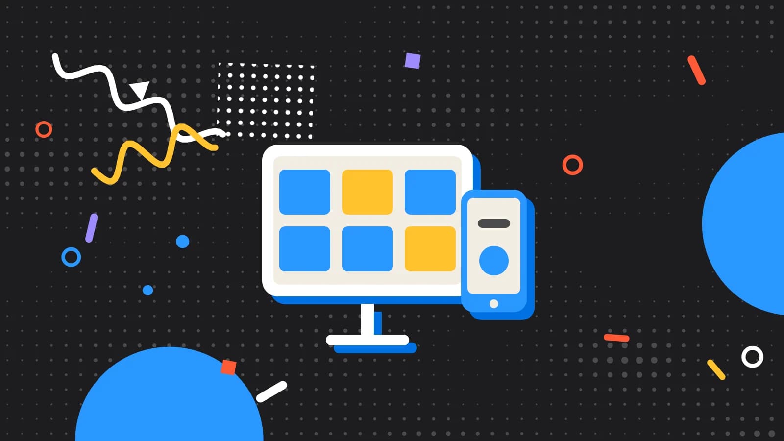 Illustration for POS for a small venue: a tablet and a phone showing simple blocks, in yellow and light blue on black.