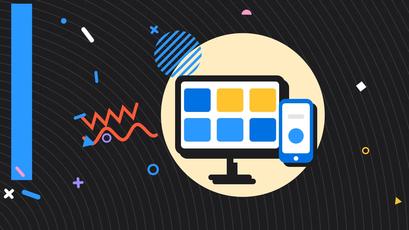 Illustration for pos hardware: a tablet and a phone showing simple blocks, in yellow and light blue on black.