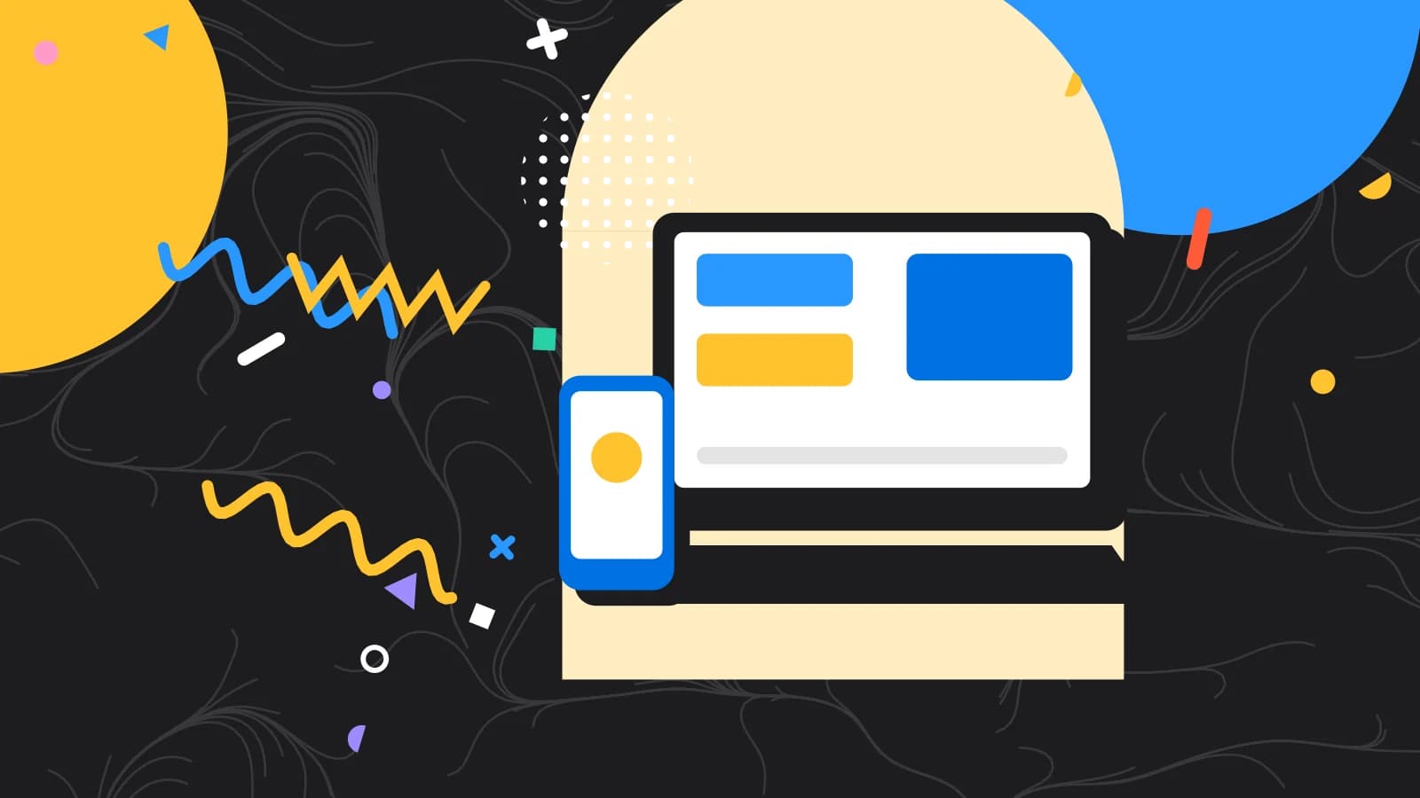 Illustration for POS integration: a laptop and a phone showing simple blocks, in yellow and light blue on black.