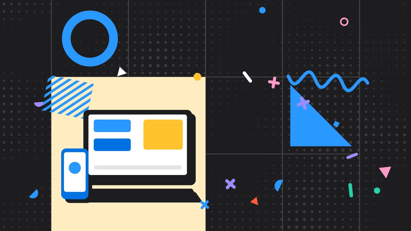 Illustration for POS migration: a laptop and a phone showing simple blocks, in yellow and light blue on black.