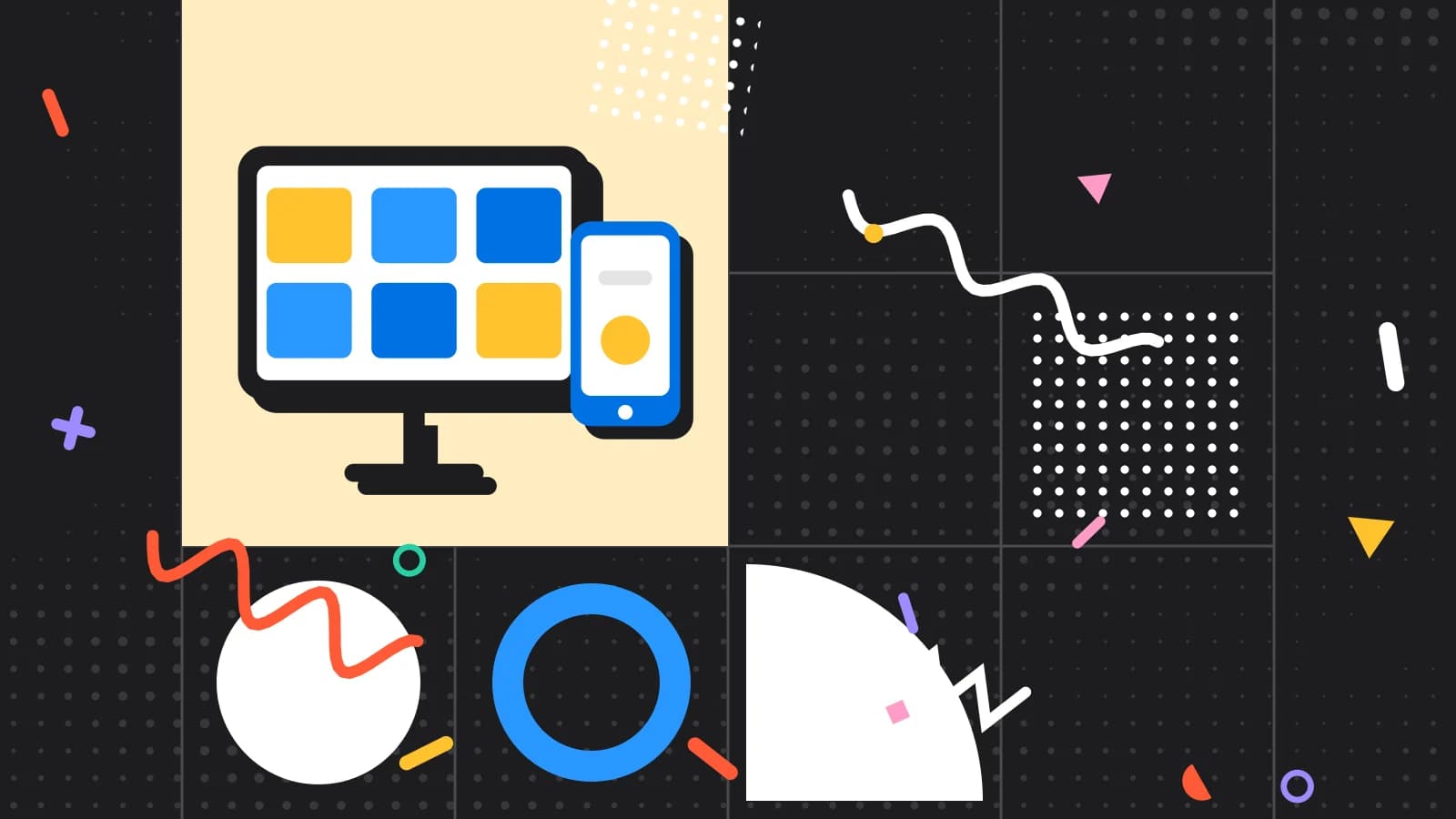 Illustration for POS reports: a tablet and a phone showing simple blocks, in yellow and light blue on black.
