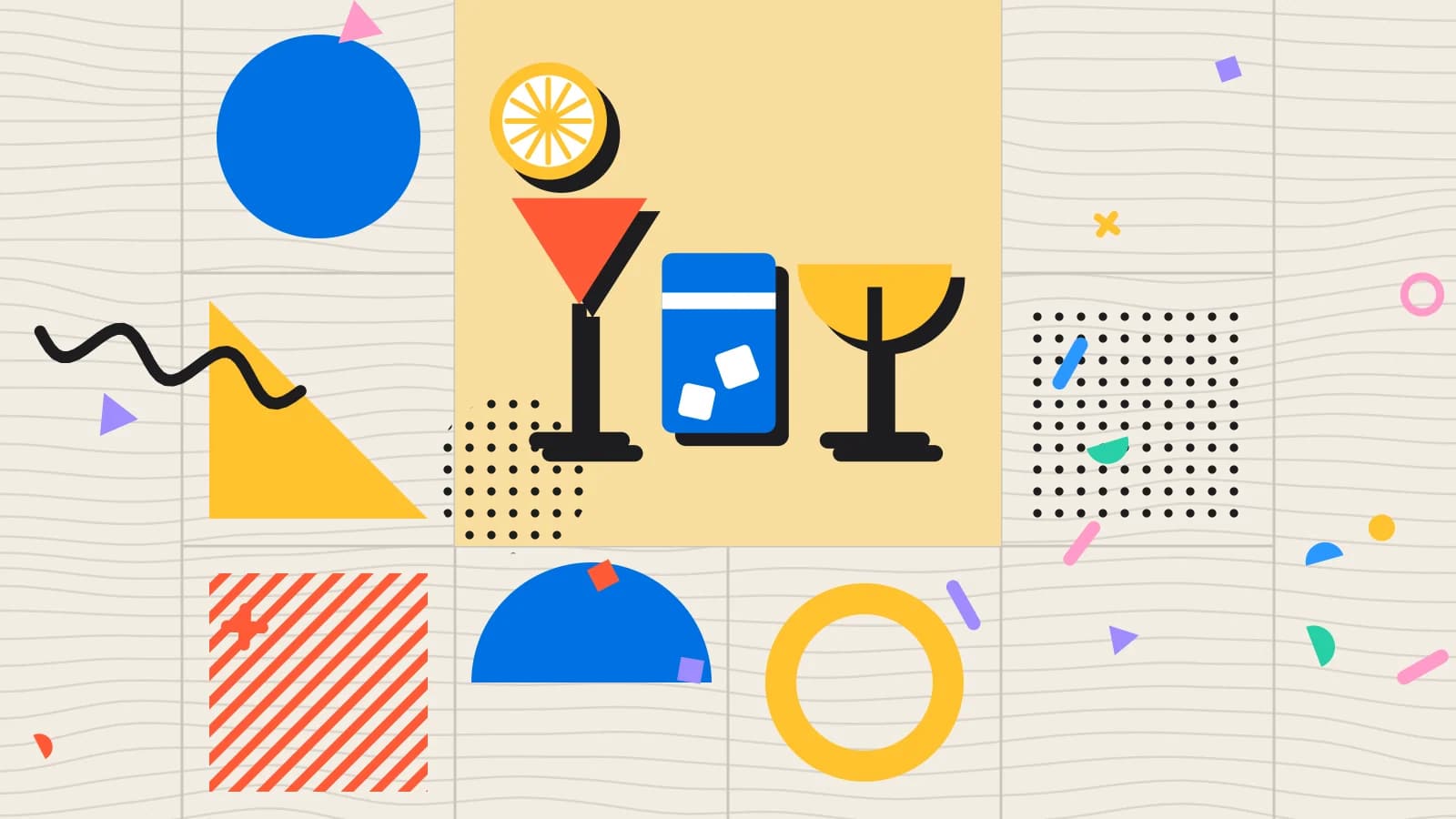 Illustration for pour cost: a wine glass, a tumbler and a cocktail beside a slice of lemon, in yellow and coral on cream.