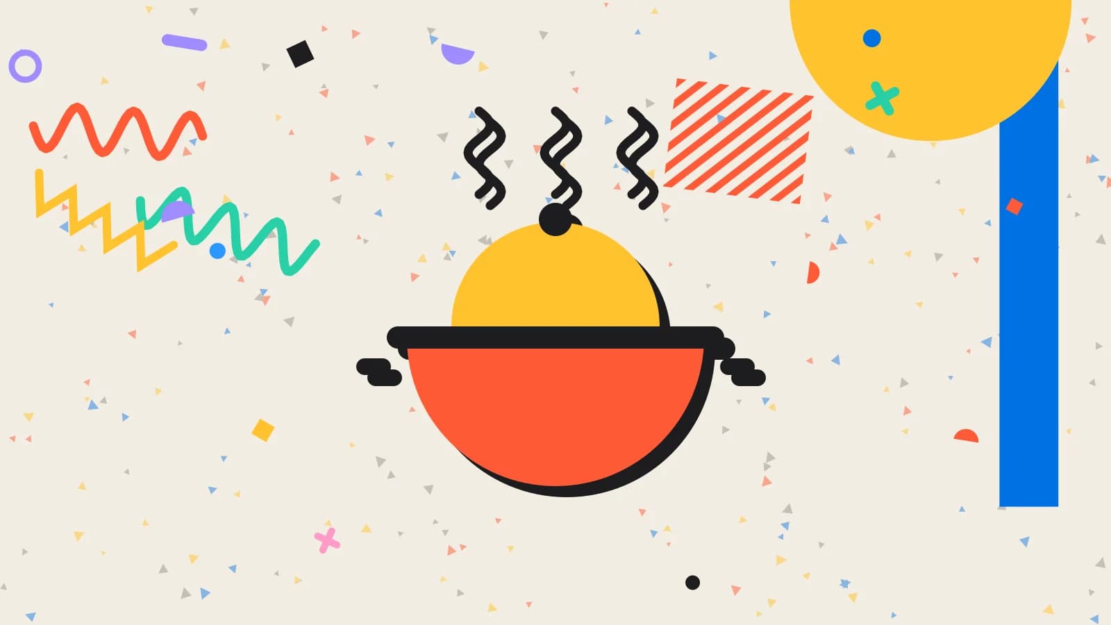 Illustration for prep from forecast: a cooking pot with steam rising, in yellow and coral on cream.