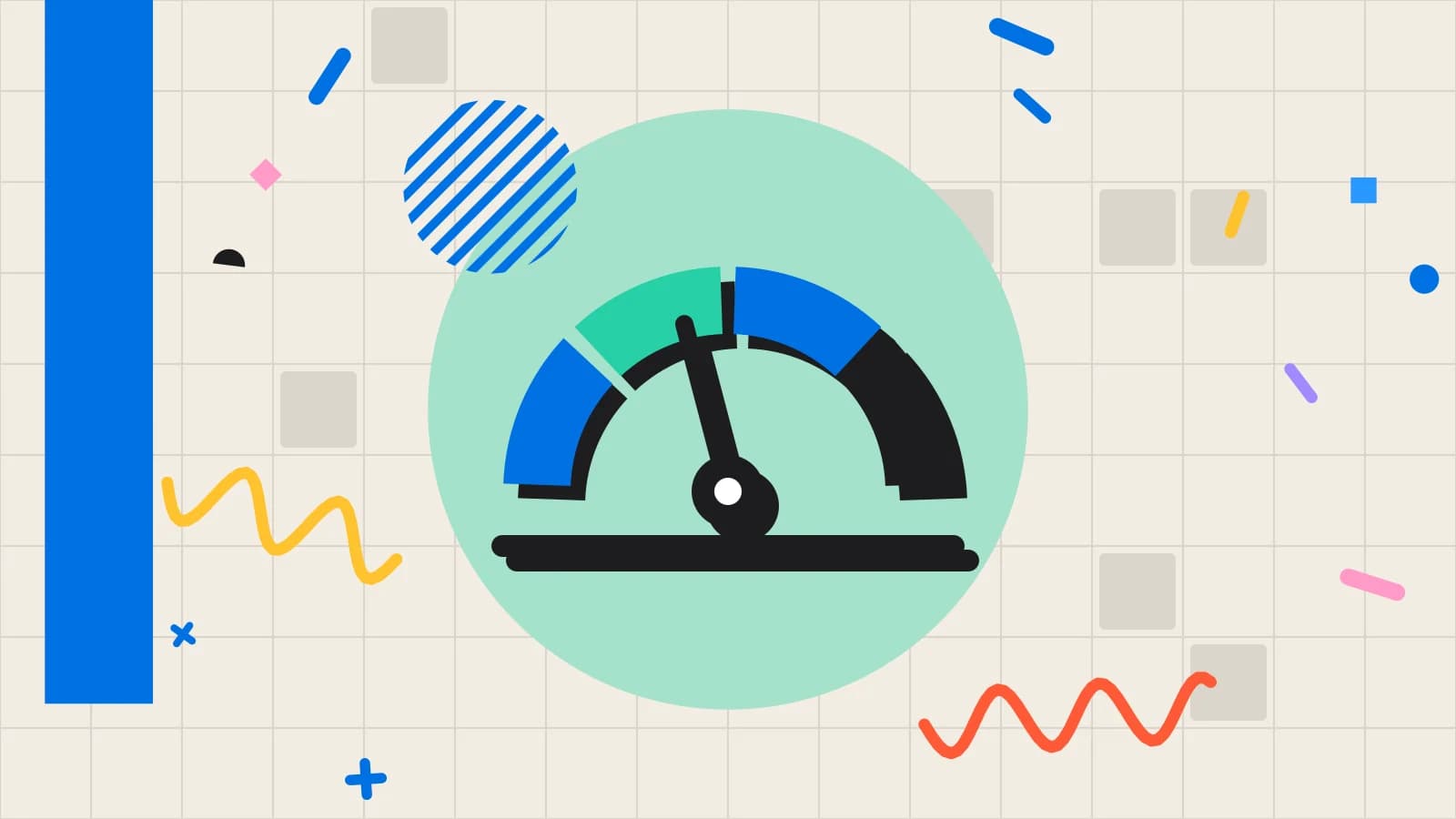 Illustration for prime cost: a half circle gauge with a needle, in mint and blue on cream.
