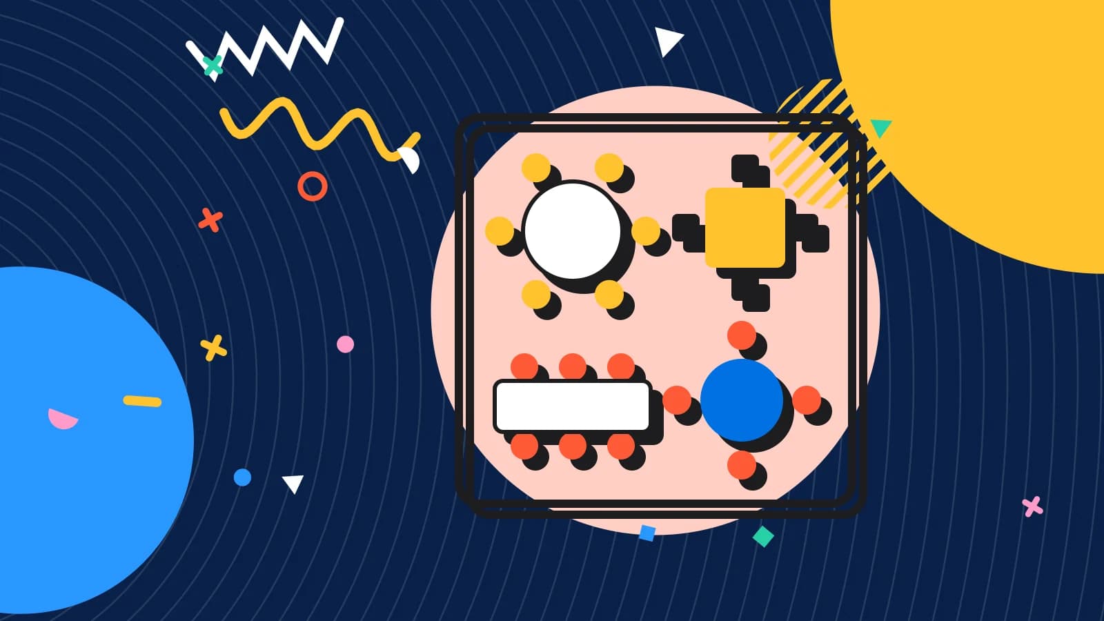 Illustration for private dining: a floor plan of round, square and long tables, in coral and yellow on navy.