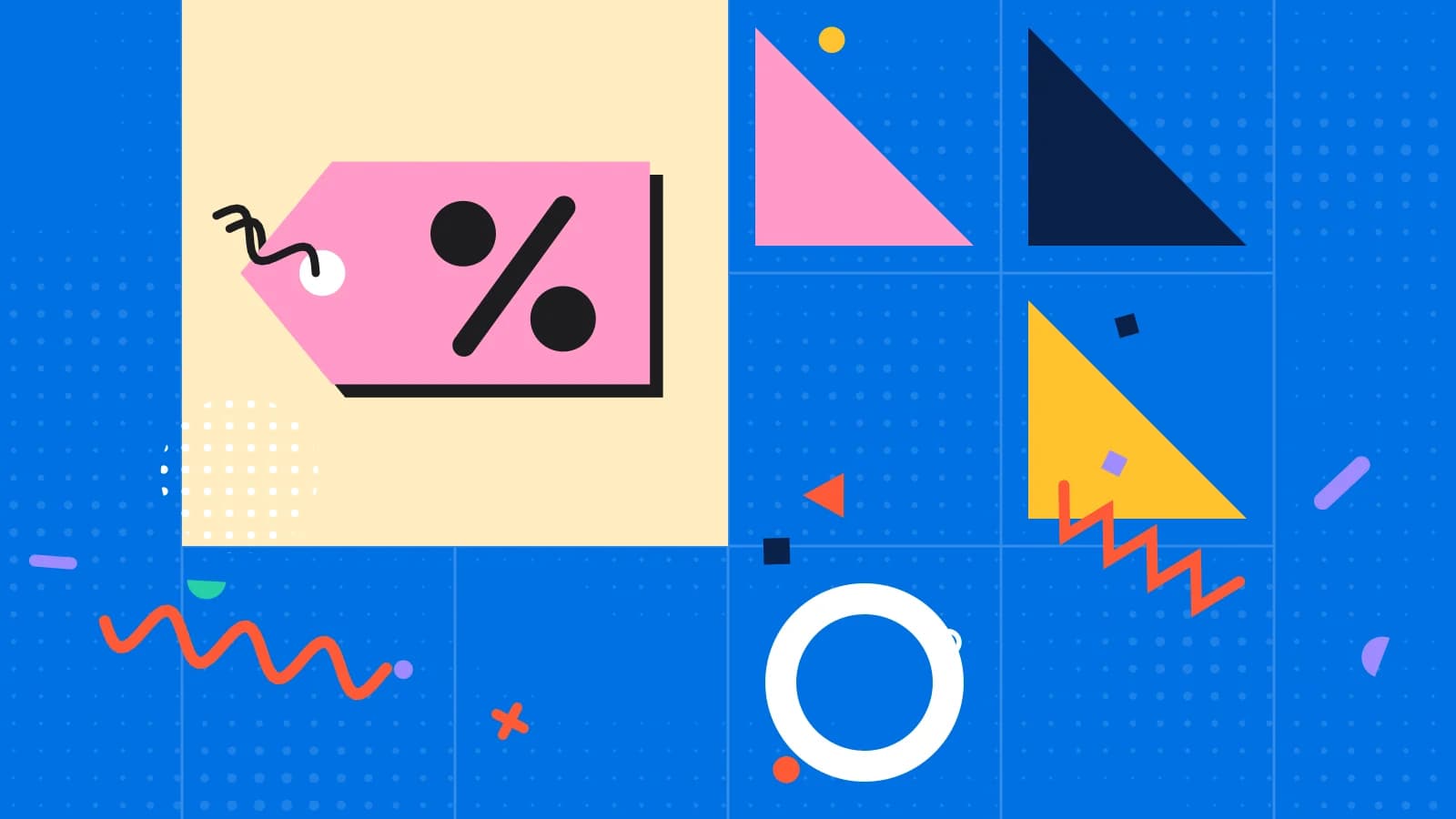 Illustration for promotions: a price tag with a percent sign, in yellow and pink on blue.