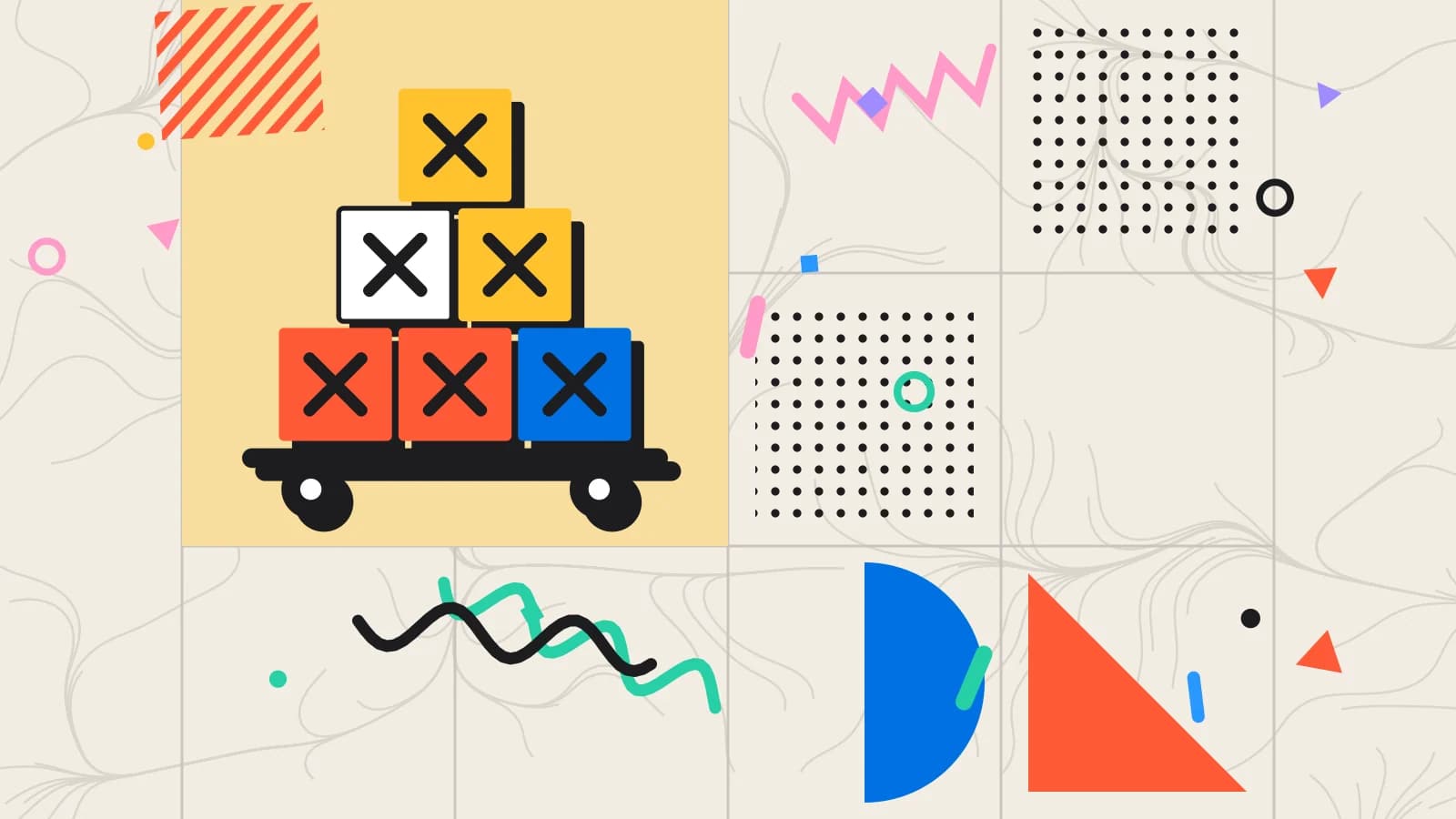 Illustration for purchase orders: crates stacked on a delivery cart, in yellow and coral on cream.