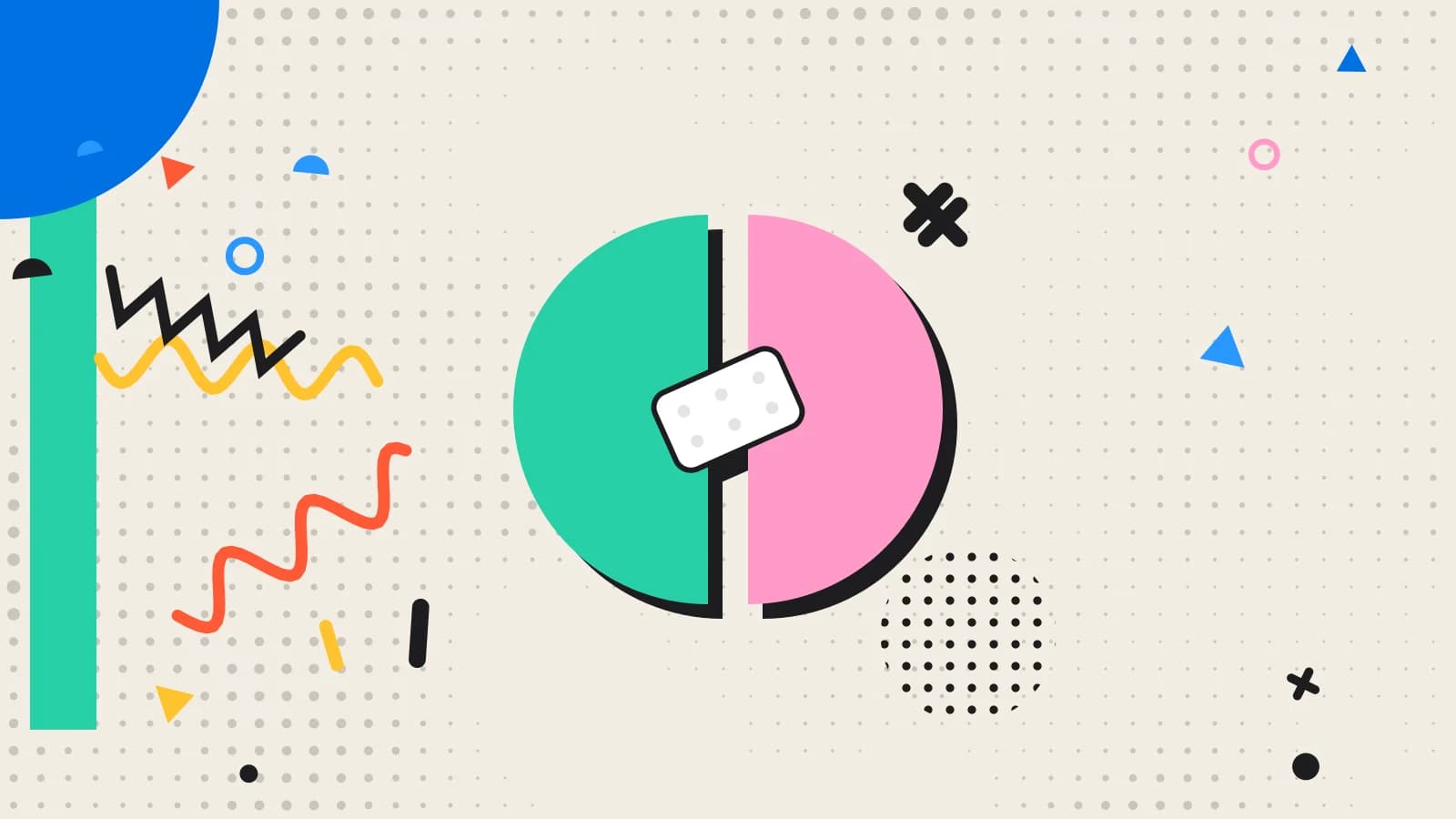 Illustration for putting it right: a split circle held together by a plaster, in pink and mint on cream.