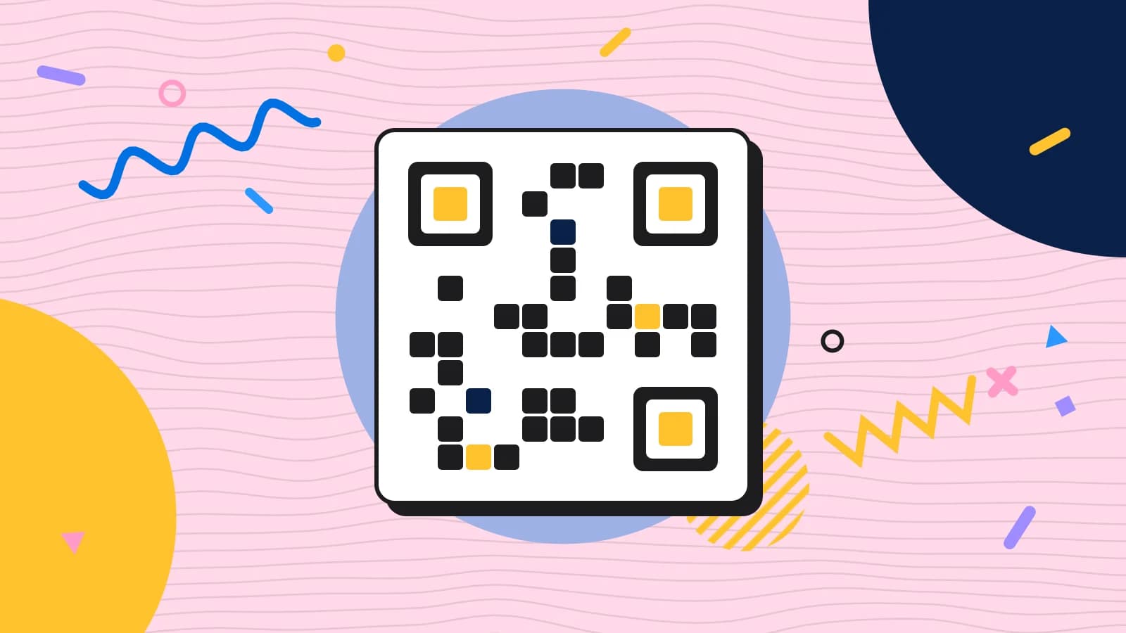Illustration for qr menu design: a grid of squares arranged like a QR code, in blue and yellow on pale pink.