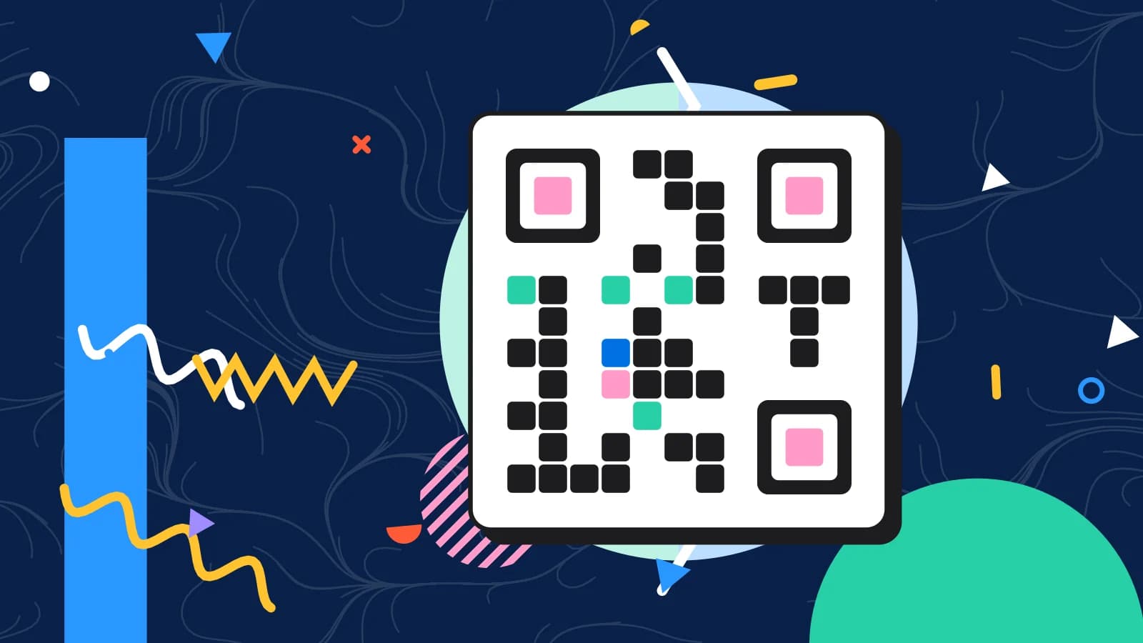 Illustration for qr menu vs paper menu: a grid of squares arranged like a QR code, in mint and pink on navy.