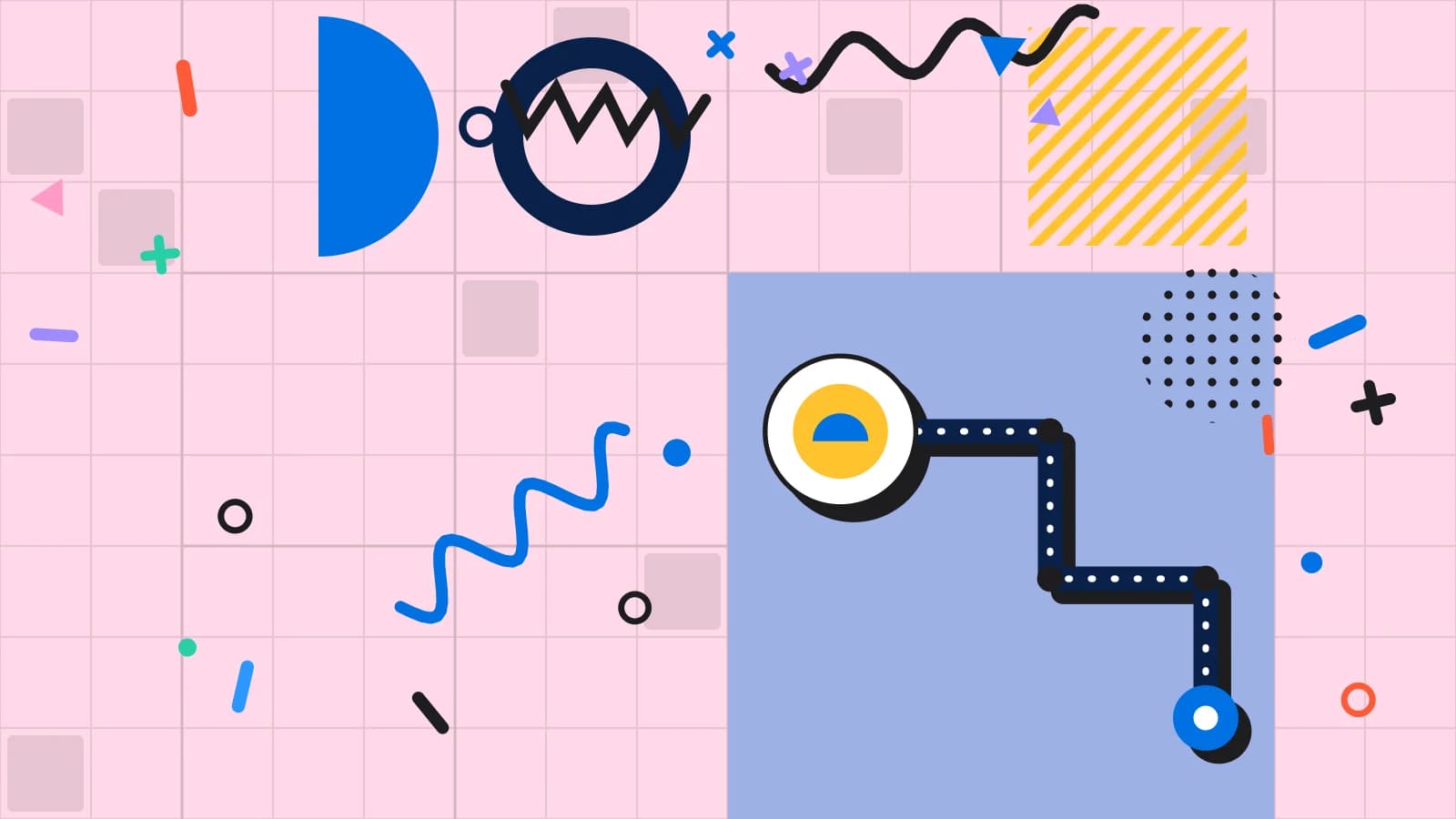 Illustration for qr ordering: a route from the table to the pass, ending at a plate, in blue and yellow on pale pink.