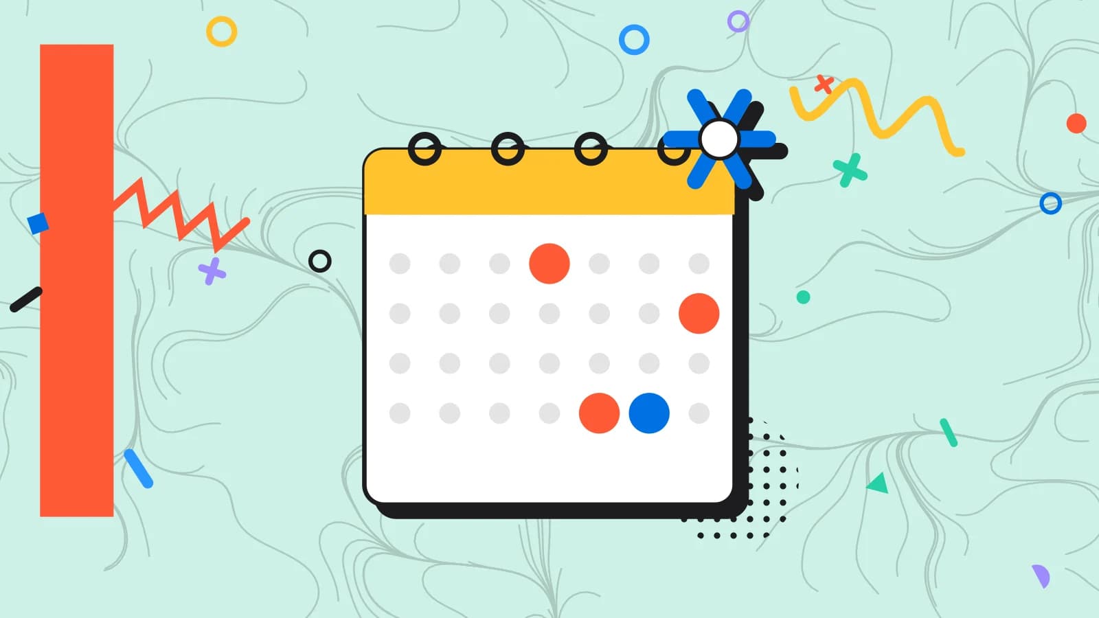 Illustration for quiet january offers: a calendar page with highlighted days and a snowflake, in coral and yellow on pale mint.