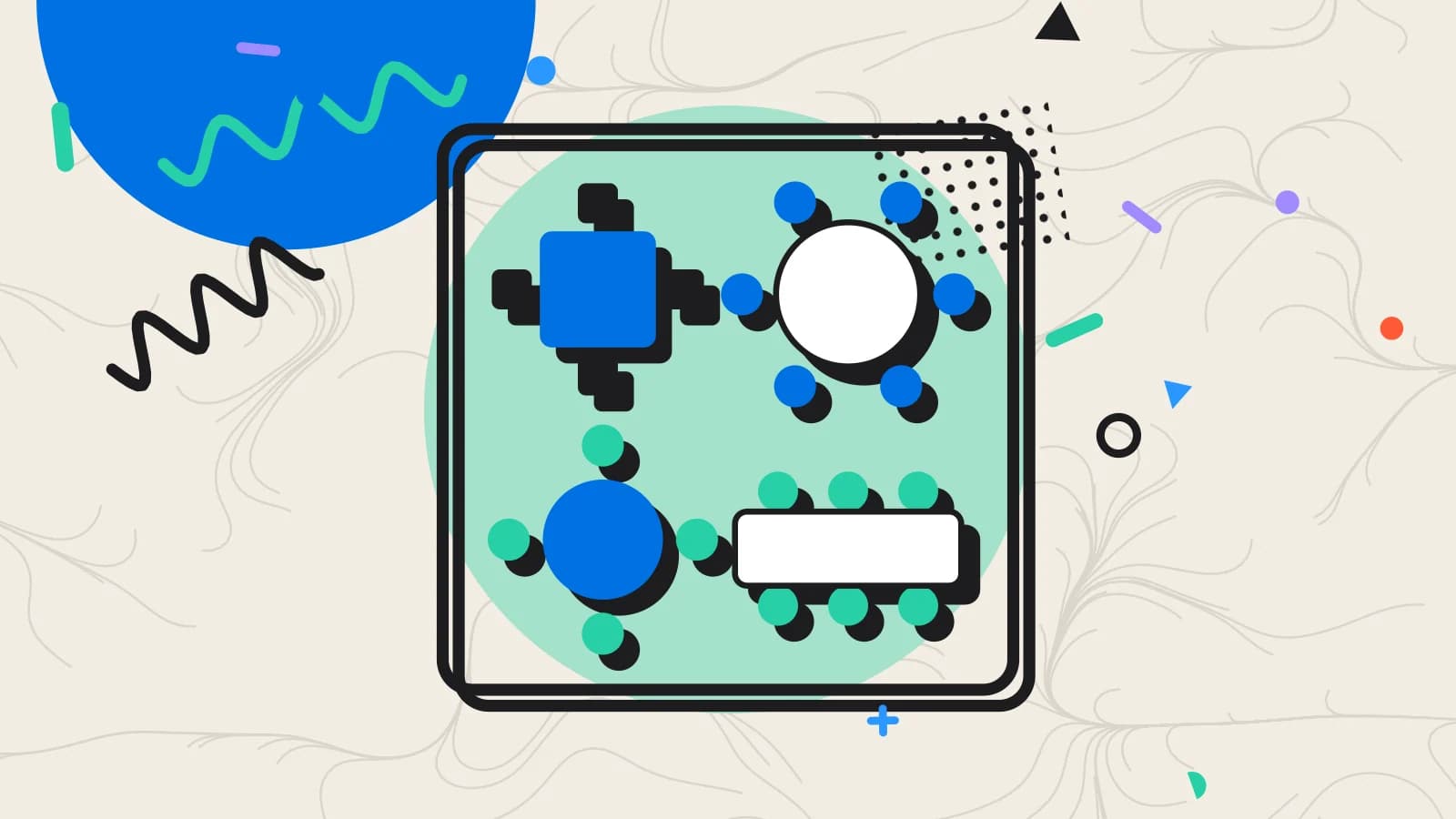 Illustration for quiet night trade: a floor plan of round, square and long tables, in mint and blue on cream.