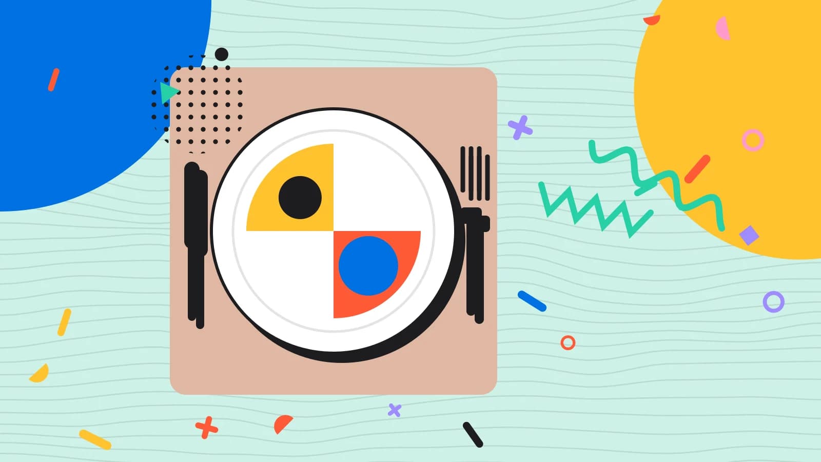 Illustration for ramadan menu ideas: a plate seen from above, divided into coloured portions, with a fork and knife, in coral and yellow on pale mint.