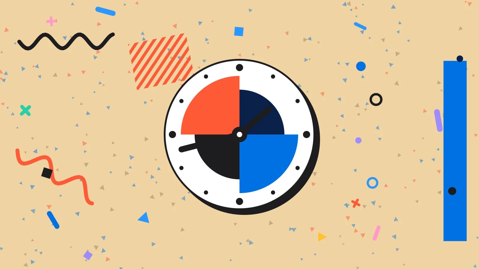 Illustration for ramadan restaurant hours: a clock face made of quarter circles, in blue and coral on sand.