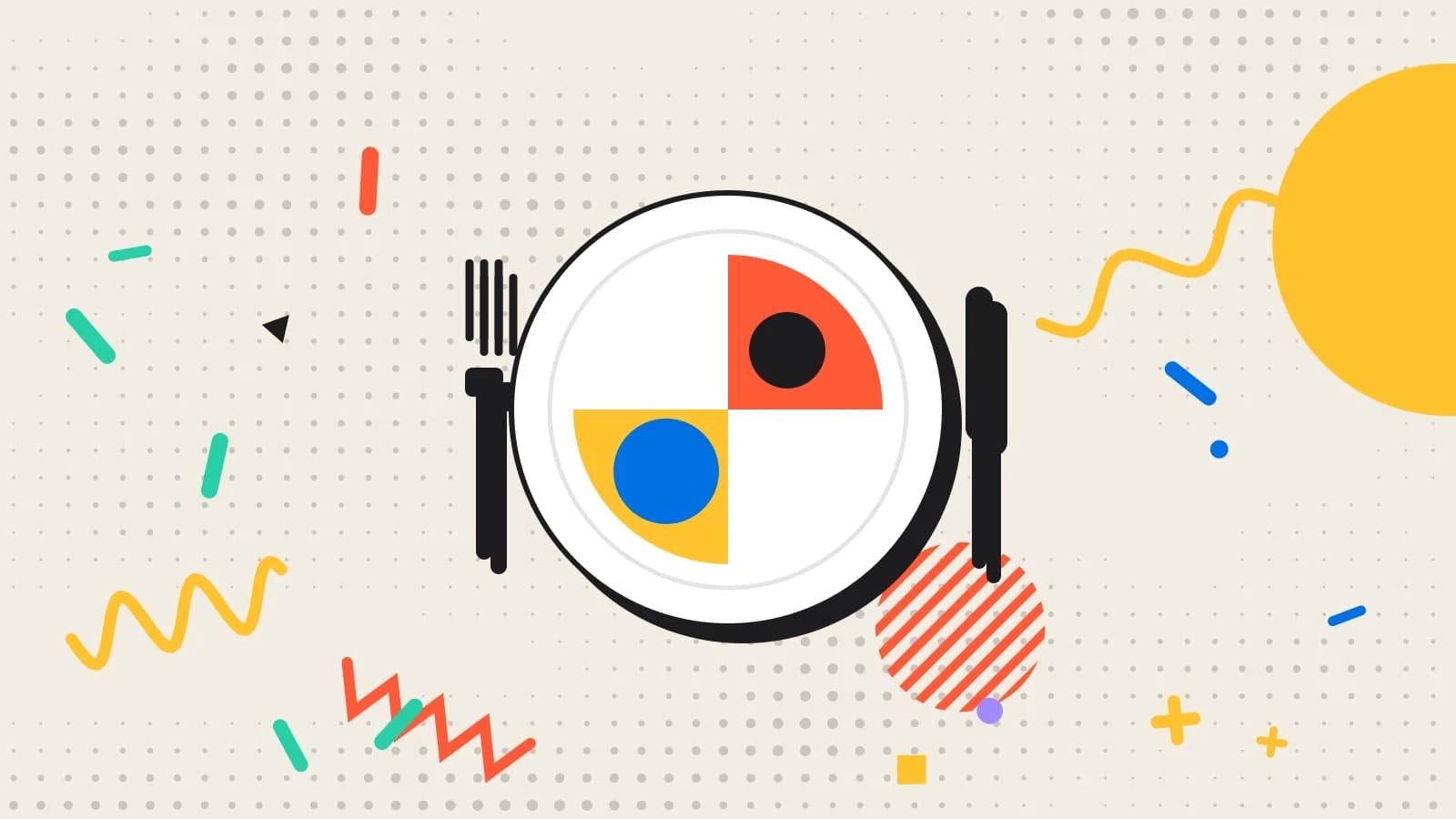 Illustration for recipe costing: a plate seen from above, divided into coloured portions, with a fork and knife, in yellow and coral on cream.