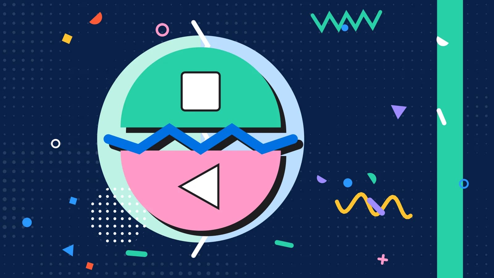 Illustration for recipe costing vs food costing: two half circles facing each other across a zigzag, in mint and pink on navy.