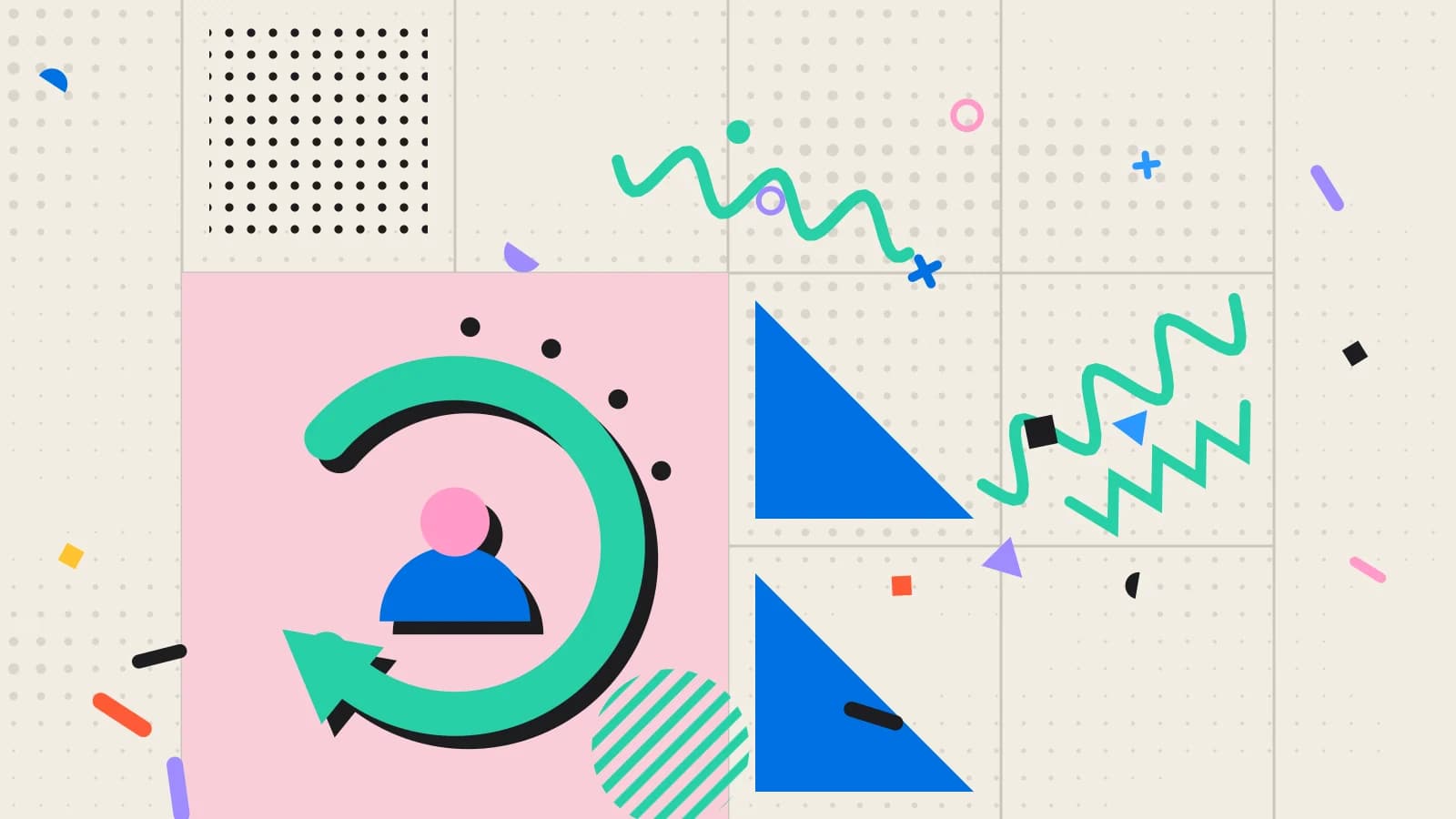 Illustration for recognising a regular: a looping arrow around a returning guest, in pink and mint on cream.