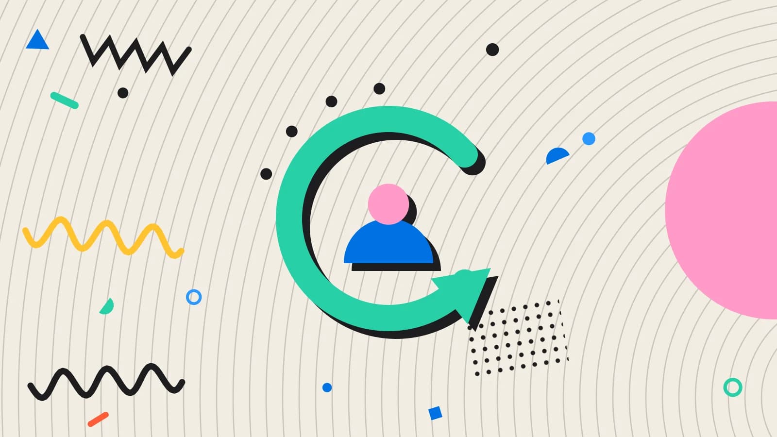 Illustration for regulars: a looping arrow around a returning guest, in pink and mint on cream.