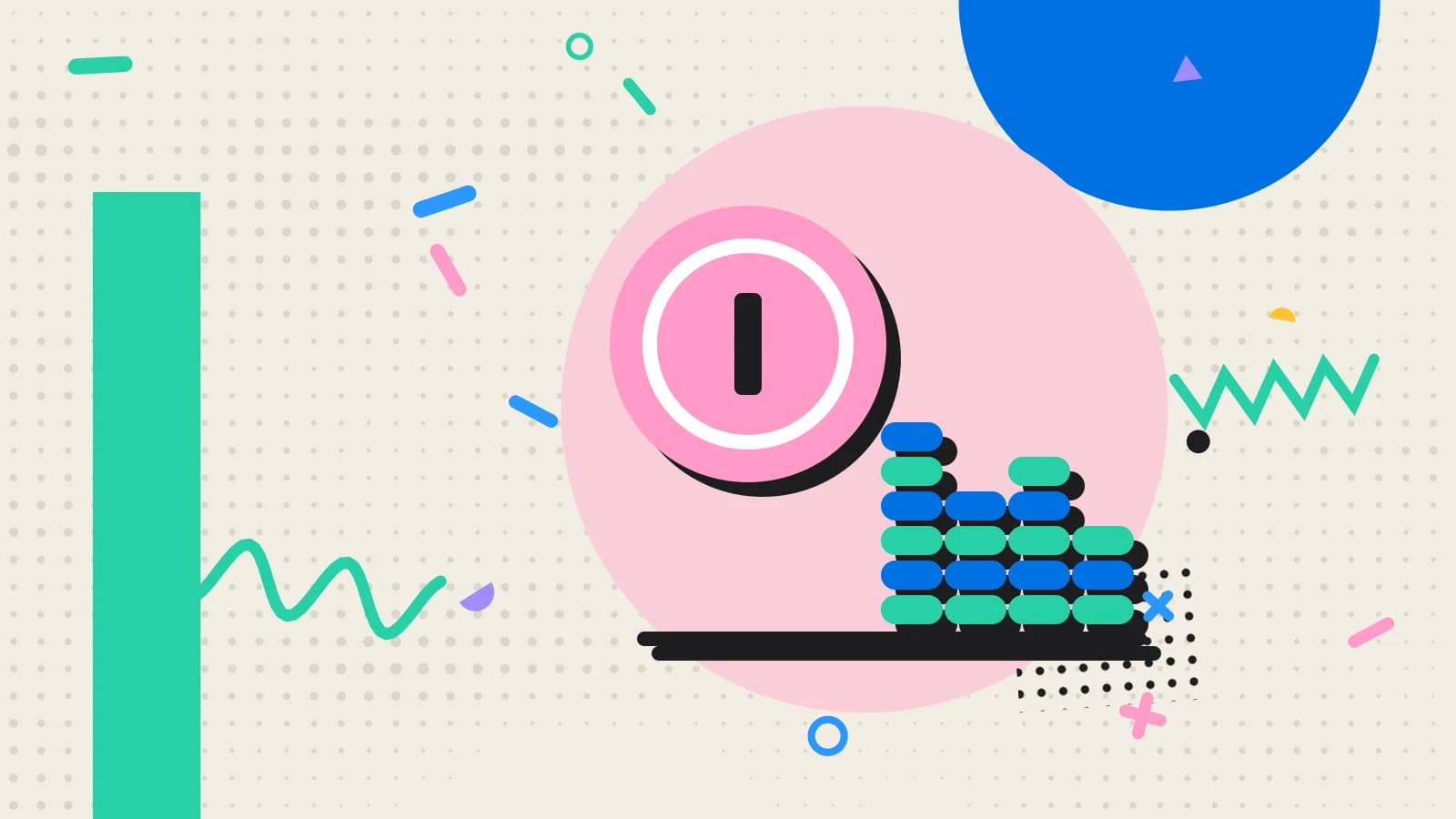 Illustration for repeat guests: stacked coins beside a large coin, in pink and mint on cream.