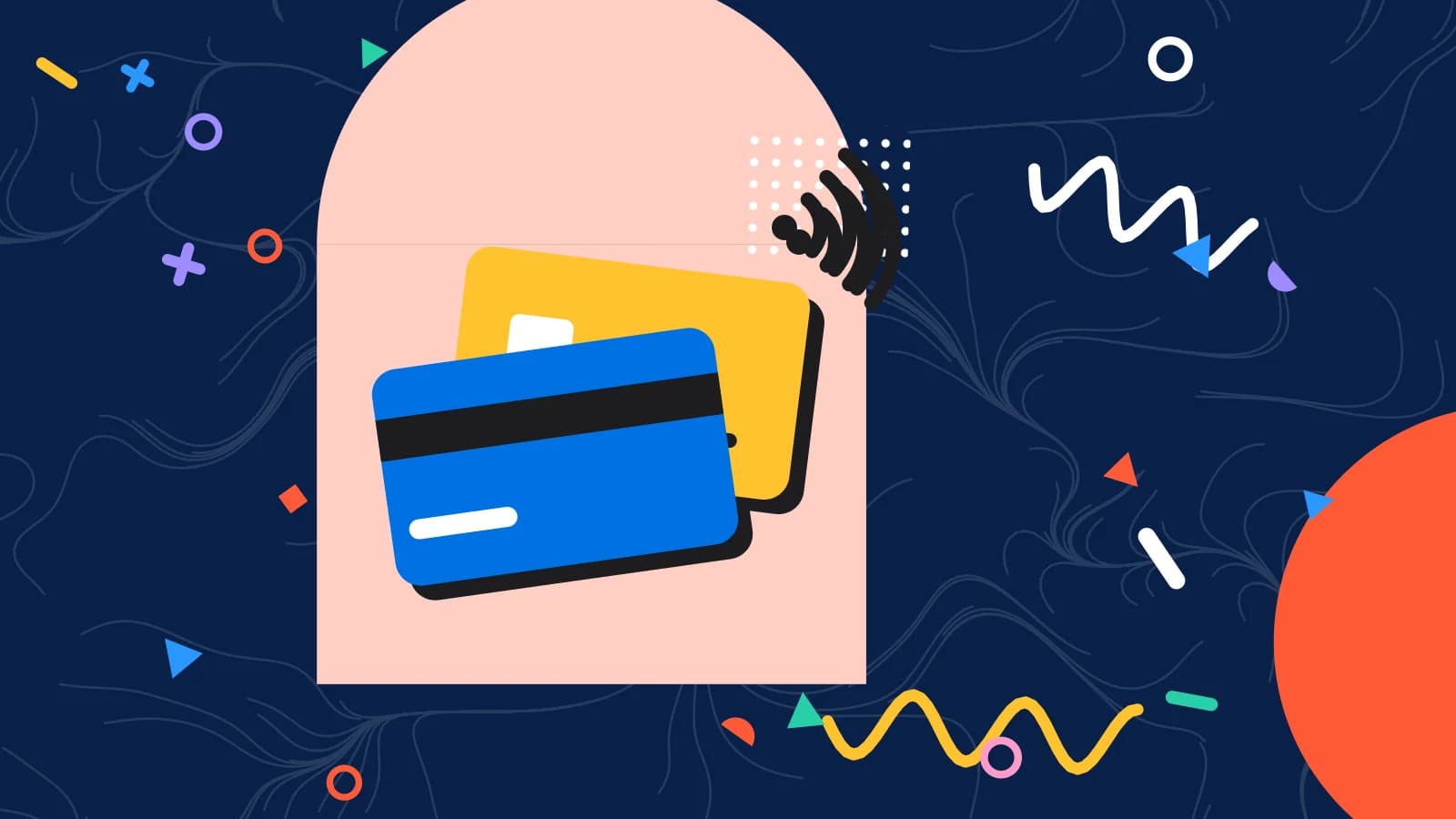 Illustration for reservation deposits: two payment cards with contactless waves, in coral and yellow on navy.