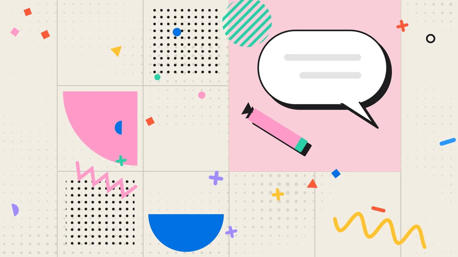 Illustration for responding to reviews: a large speech bubble with a pencil writing a reply, in pink and mint on cream.