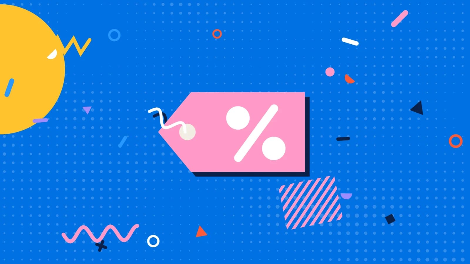 Illustration for restaurant discounts: a price tag with a percent sign, in yellow and pink on blue.