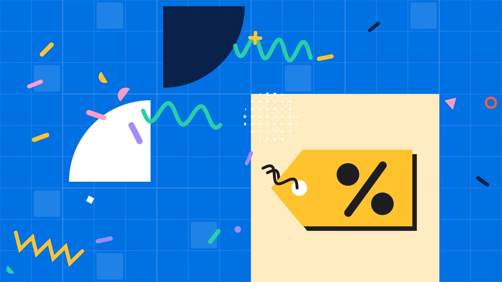 Illustration for restaurant gift cards: a price tag with a percent sign, in yellow and pink on blue.
