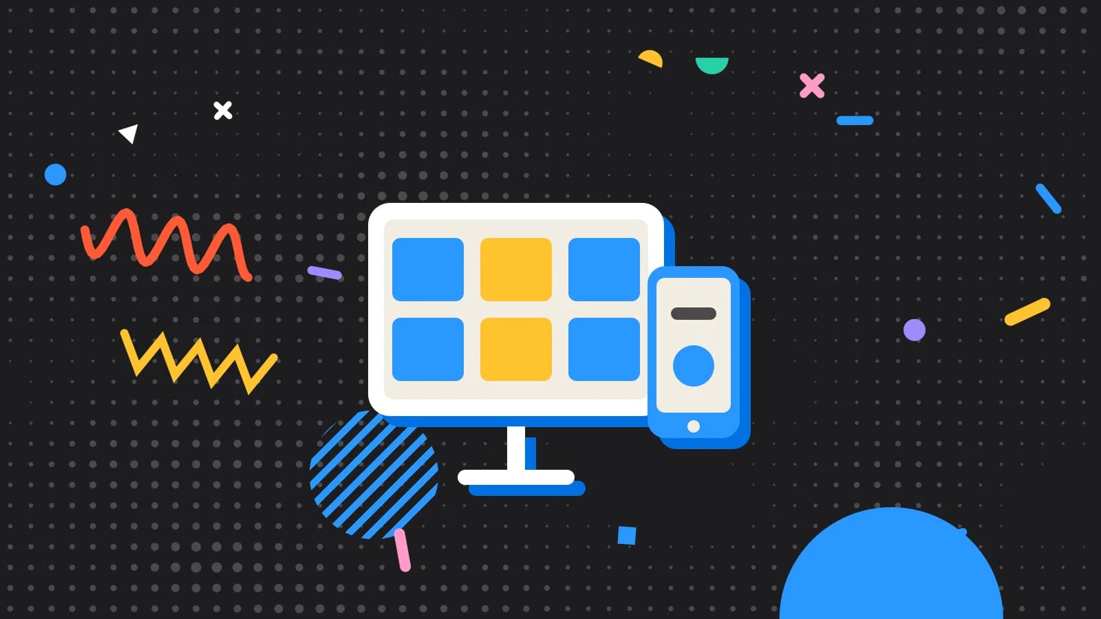 Illustration for restaurant internet: a tablet and a phone showing simple blocks, in yellow and light blue on black.