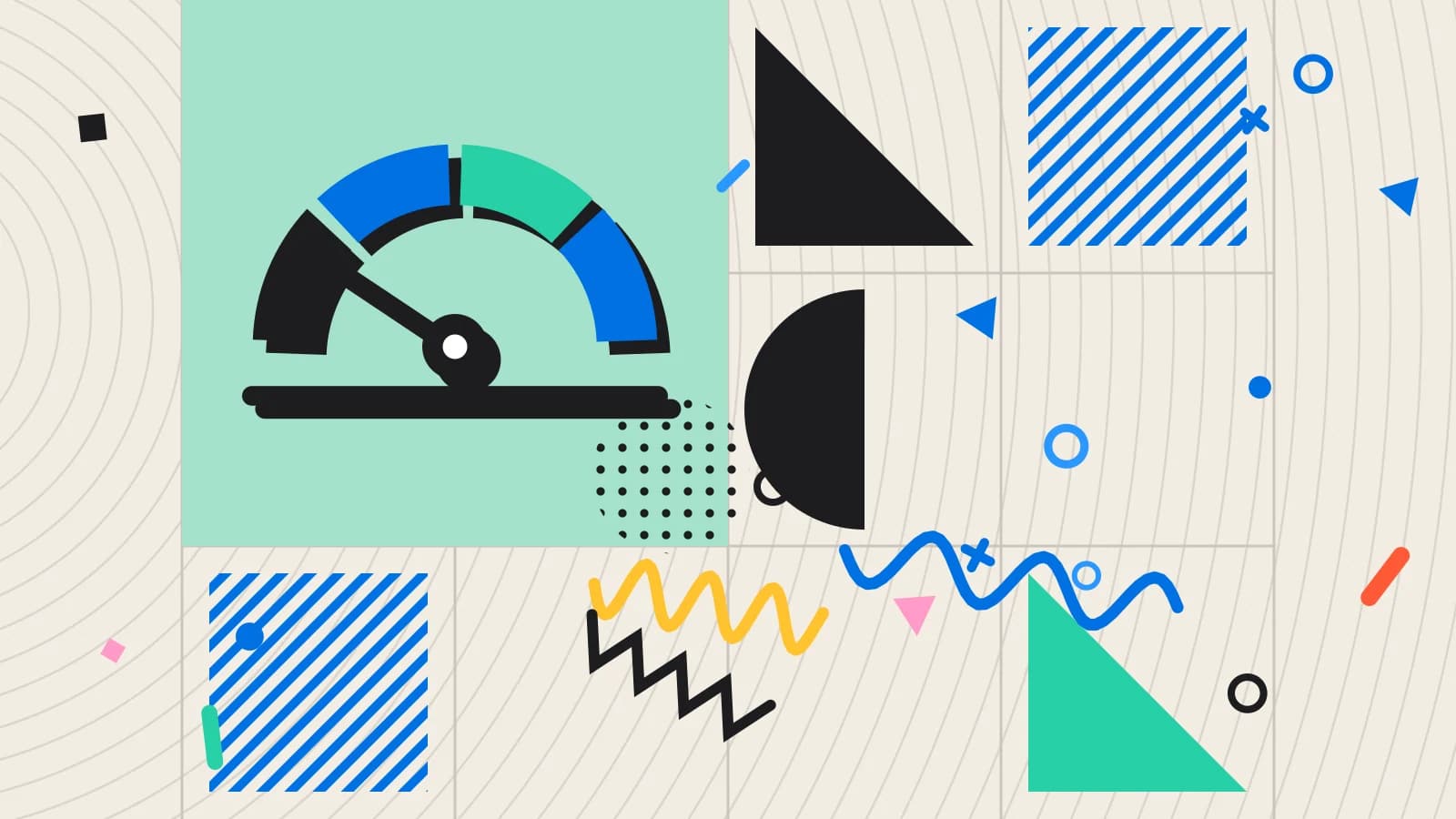 Illustration for restaurant kpis: a half circle gauge with a needle, in mint and blue on cream.