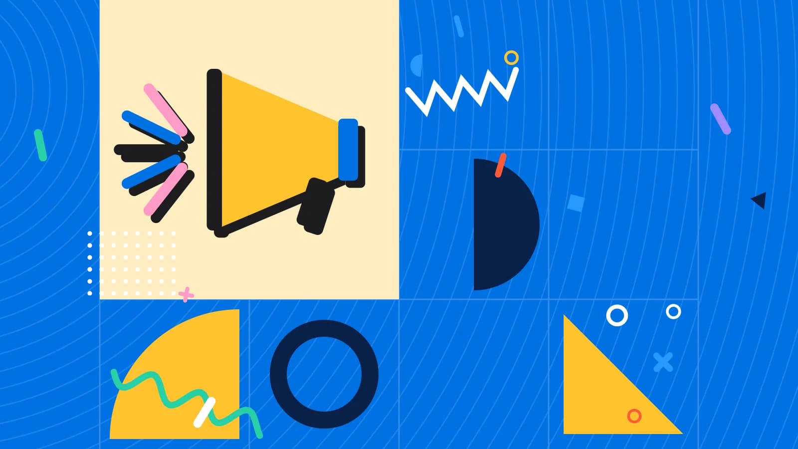 Illustration for restaurant launch marketing: a megaphone with rays bursting from it, in yellow and pink on blue.