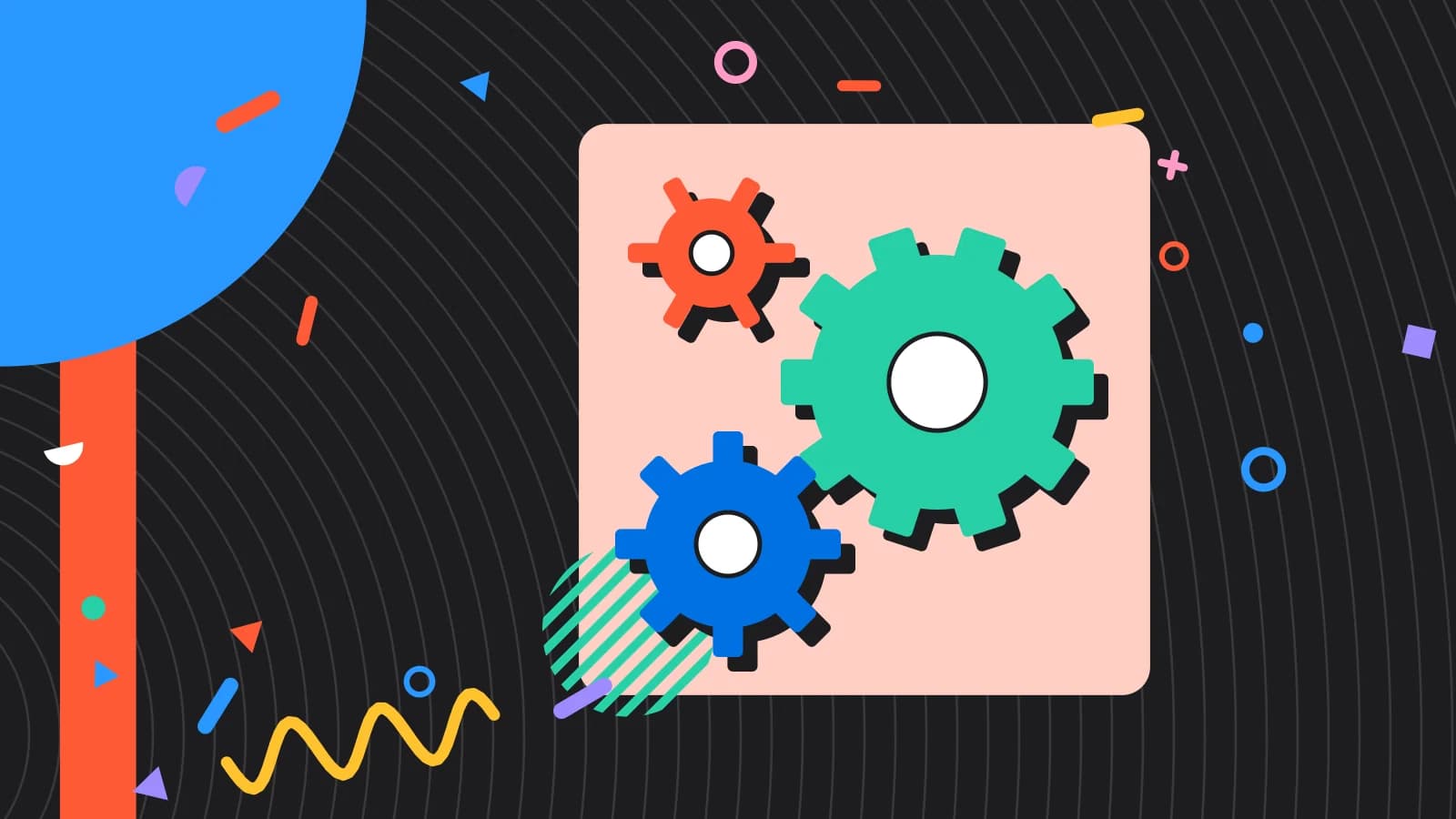 Illustration for restaurant operations: three interlocking gears, in coral and mint on black.