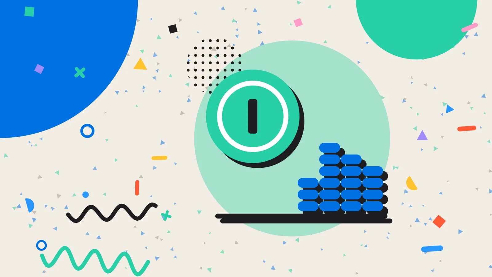 Illustration for restaurant profit margin: stacked coins beside a large coin, in mint and blue on cream.