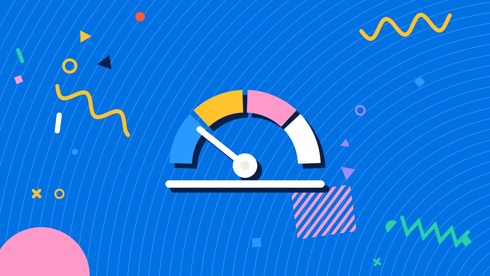 Illustration for restaurant seo: a half circle gauge with a needle, in yellow and pink on blue.