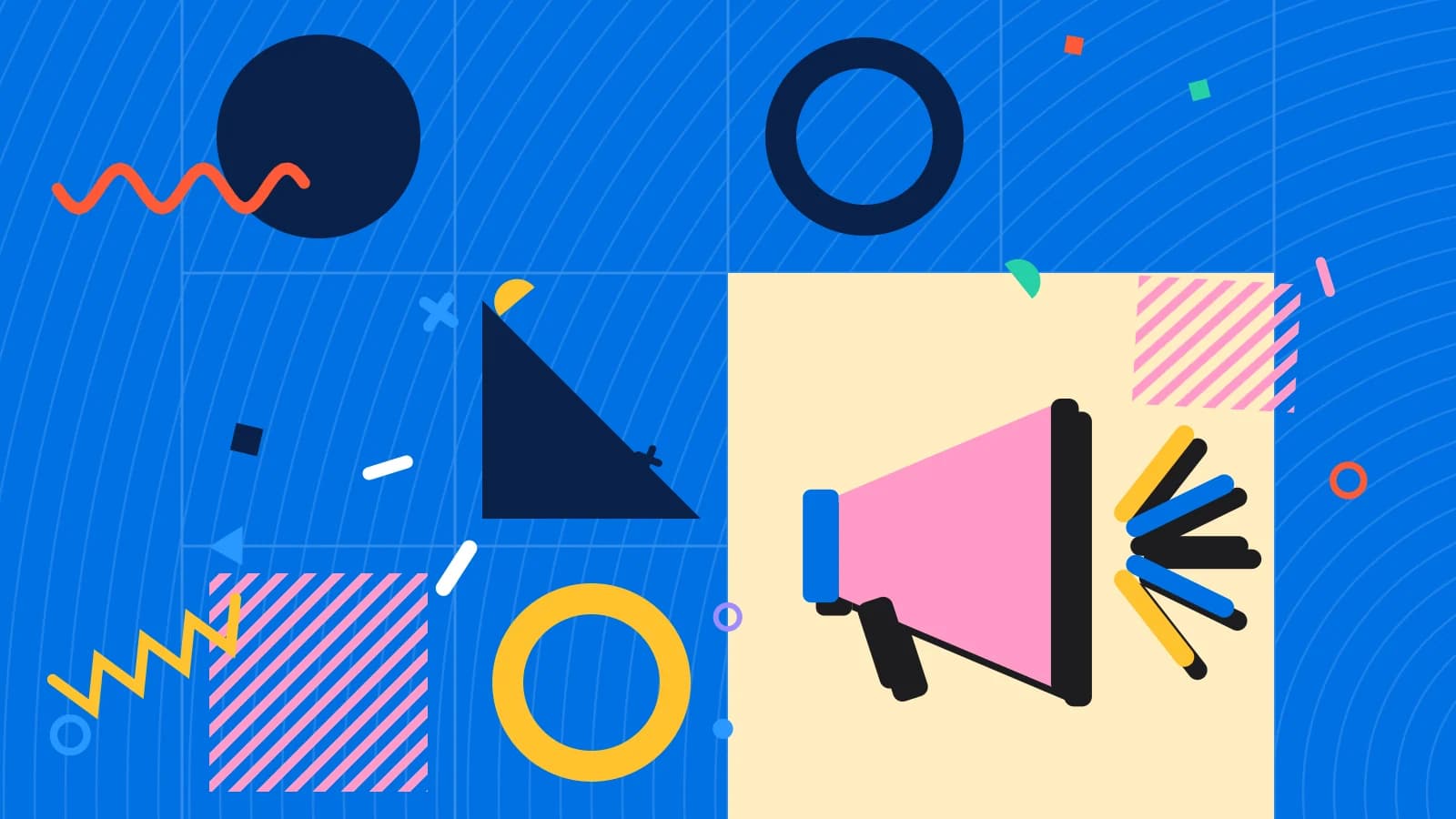 Illustration for restaurant social media: a megaphone with rays bursting from it, in yellow and pink on blue.
