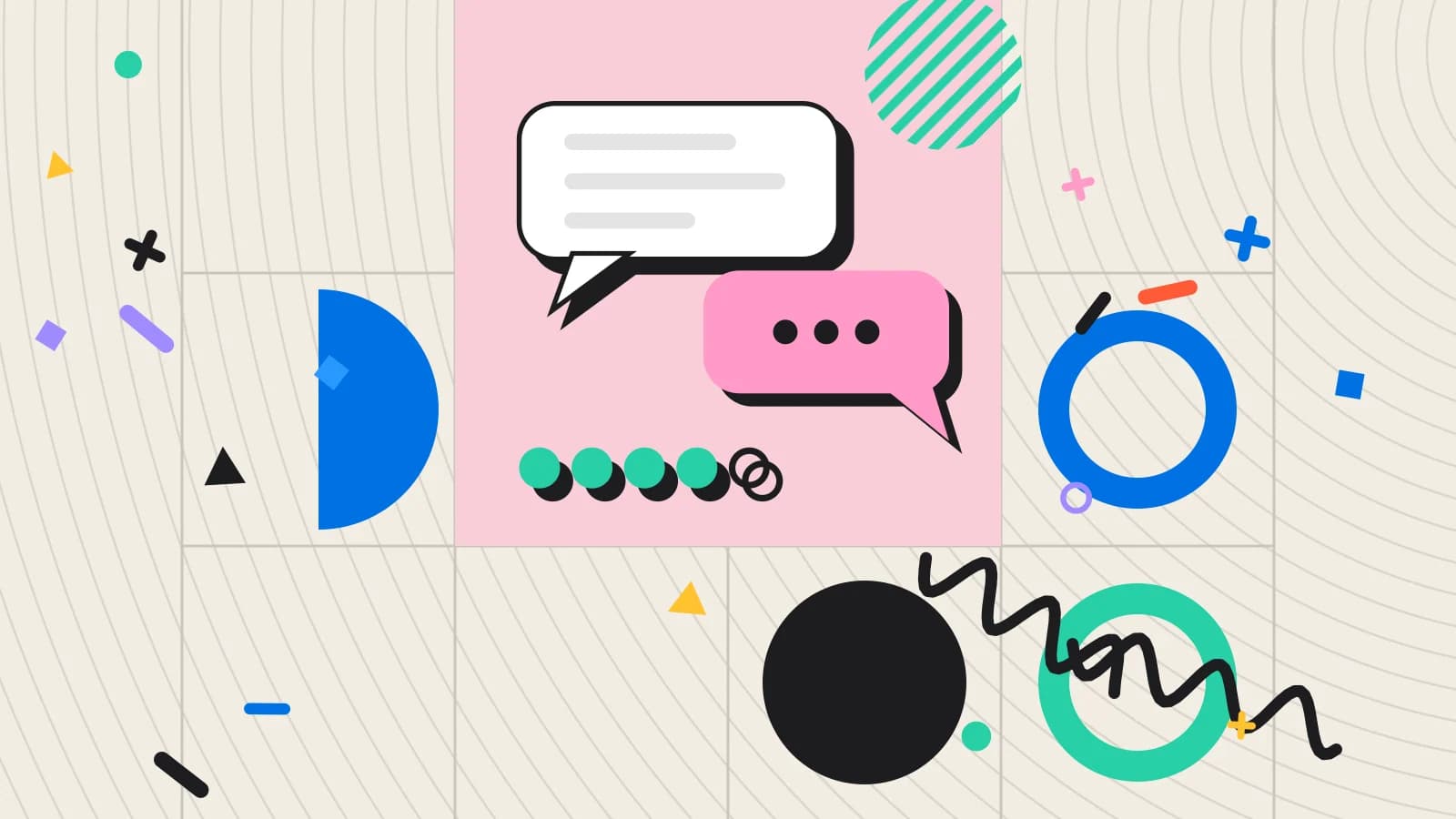 Illustration for review platforms: speech bubbles above a row of rating dots, in pink and mint on cream.