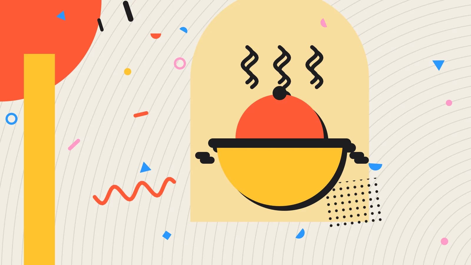 Illustration for central kitchen: a cooking pot with steam rising, in yellow and coral on cream.