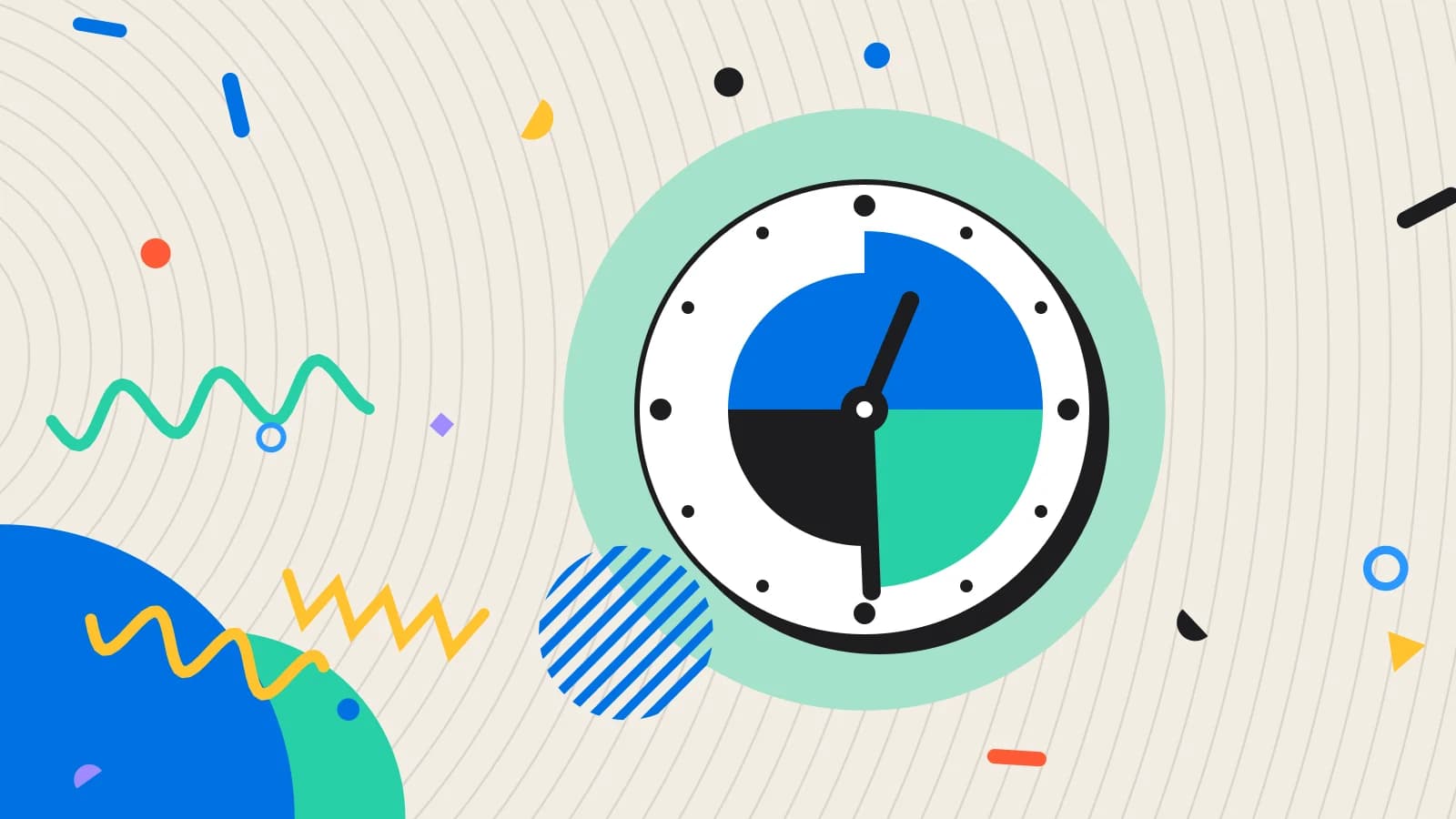 Illustration for sales by hour: a clock face made of quarter circles, in mint and blue on cream.