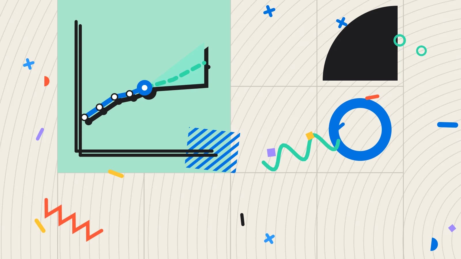 Illustration for scheduling from forecast: a trend line running on into a dashed forecast, in mint and blue on cream.