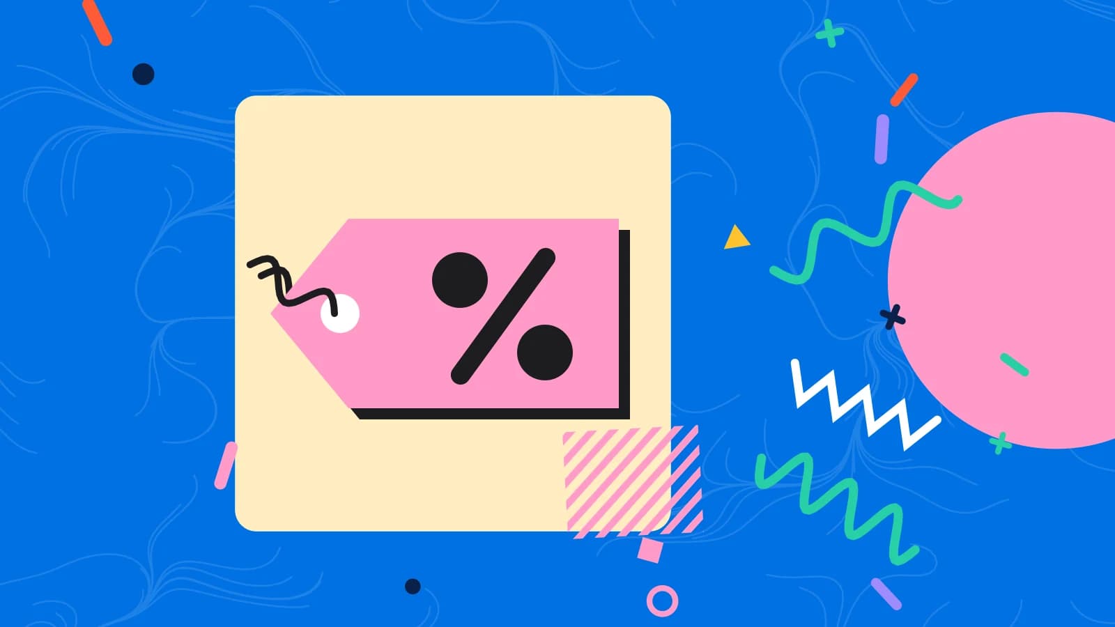 Illustration for seasonal promotions: a price tag with a percent sign, in yellow and pink on blue.
