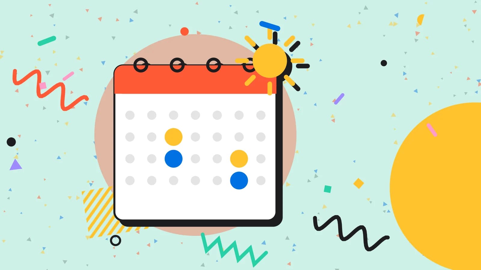 Illustration for seasonal trade: a calendar page with highlighted days and a sun, in coral and yellow on pale mint.