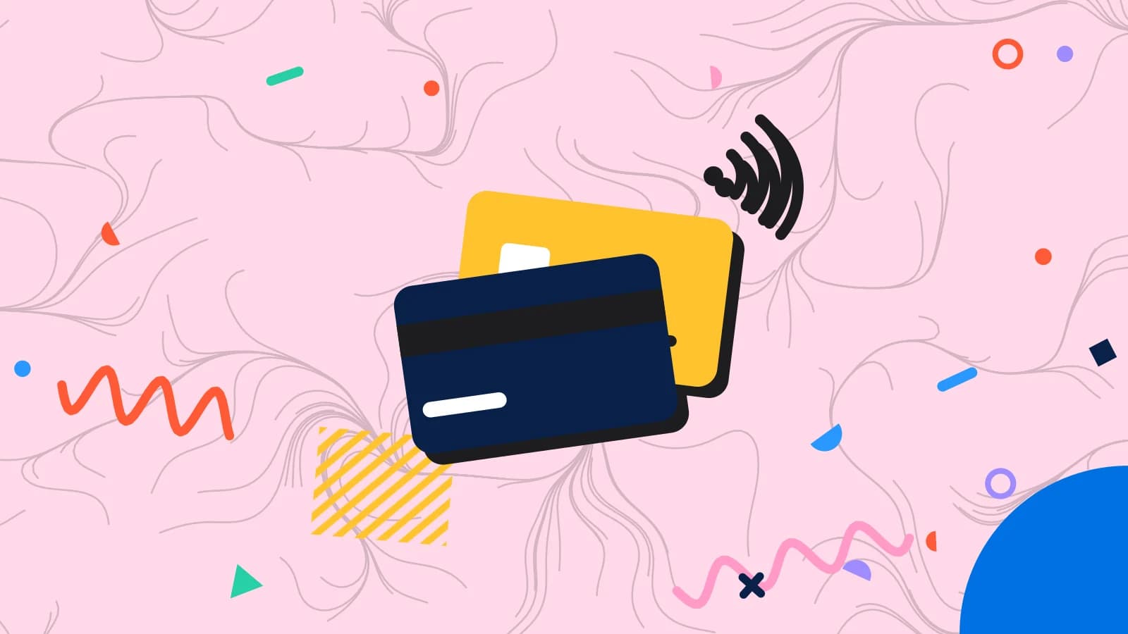 Illustration for self ordering kiosk: two payment cards with contactless waves, in blue and yellow on pale pink.