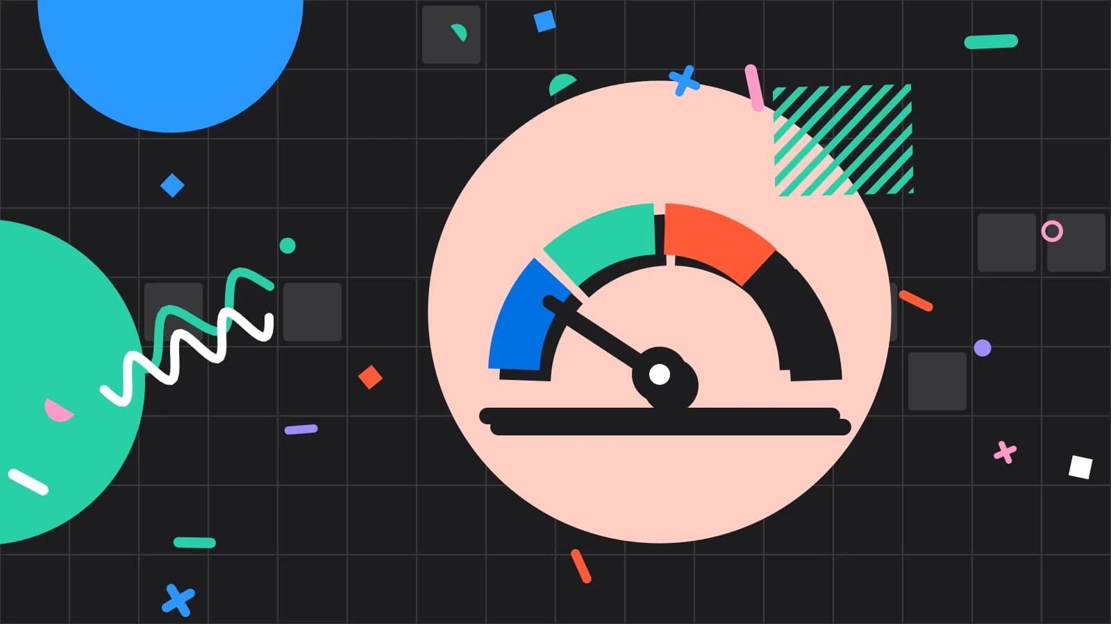 Illustration for software roi: a half circle gauge with a needle, in coral and mint on black.