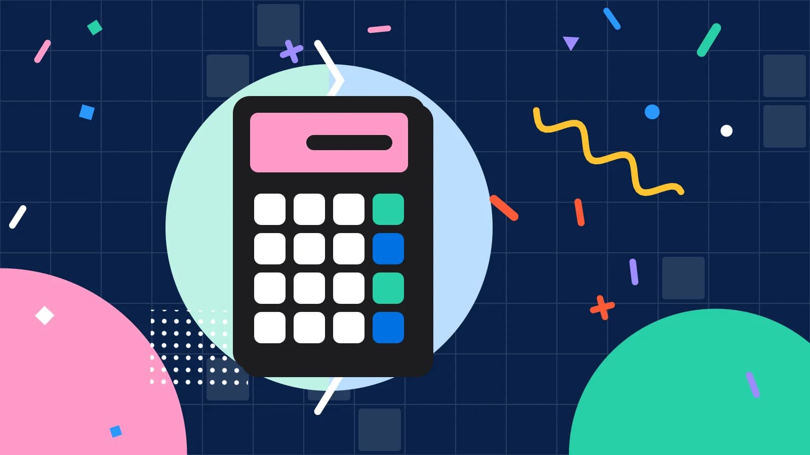 Illustration for spreadsheet vs inventory software: a calculator with a keypad of coloured keys, in mint and pink on navy.
