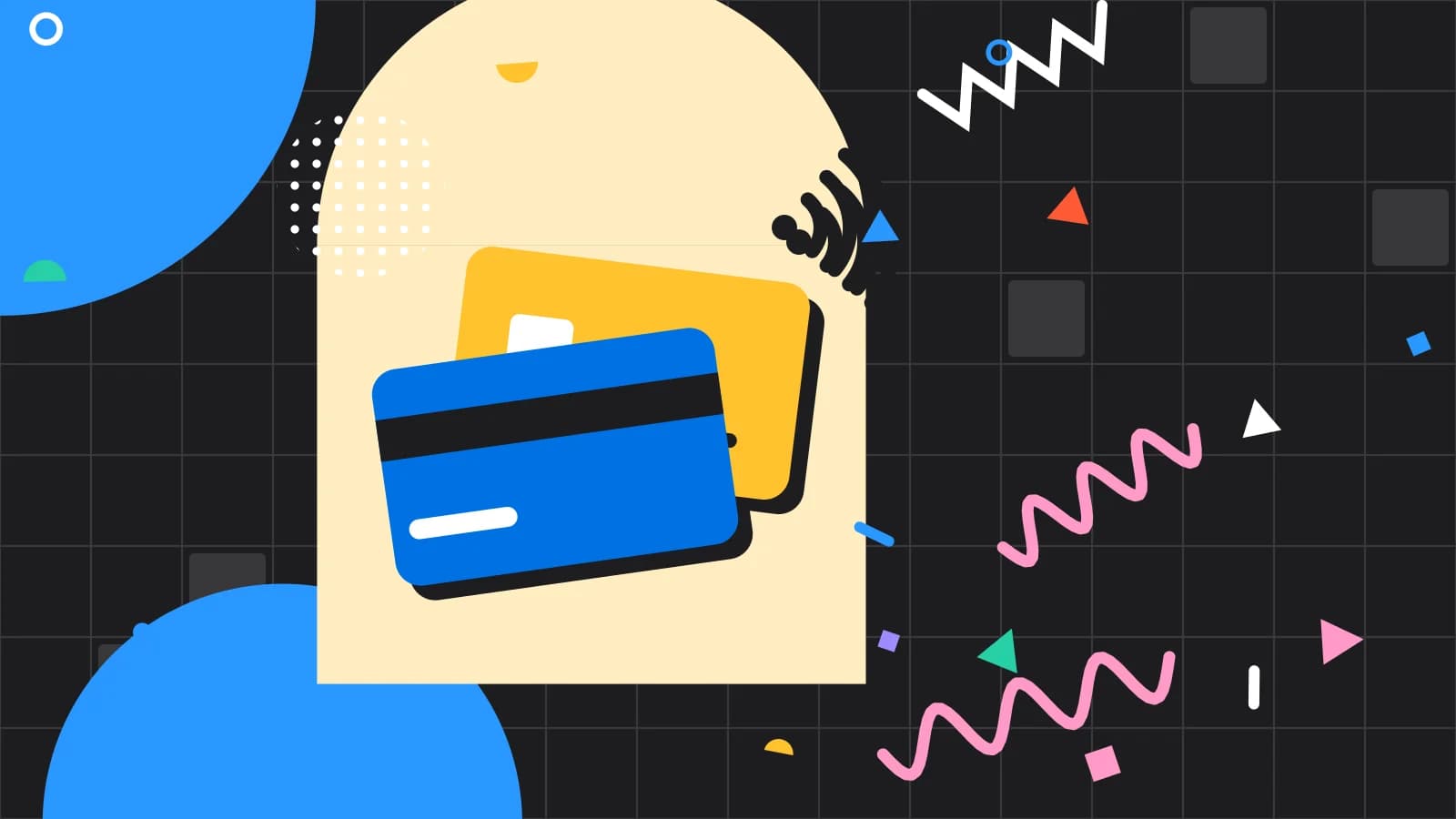 Illustration for staff logins: two payment cards with contactless waves, in yellow and light blue on black.