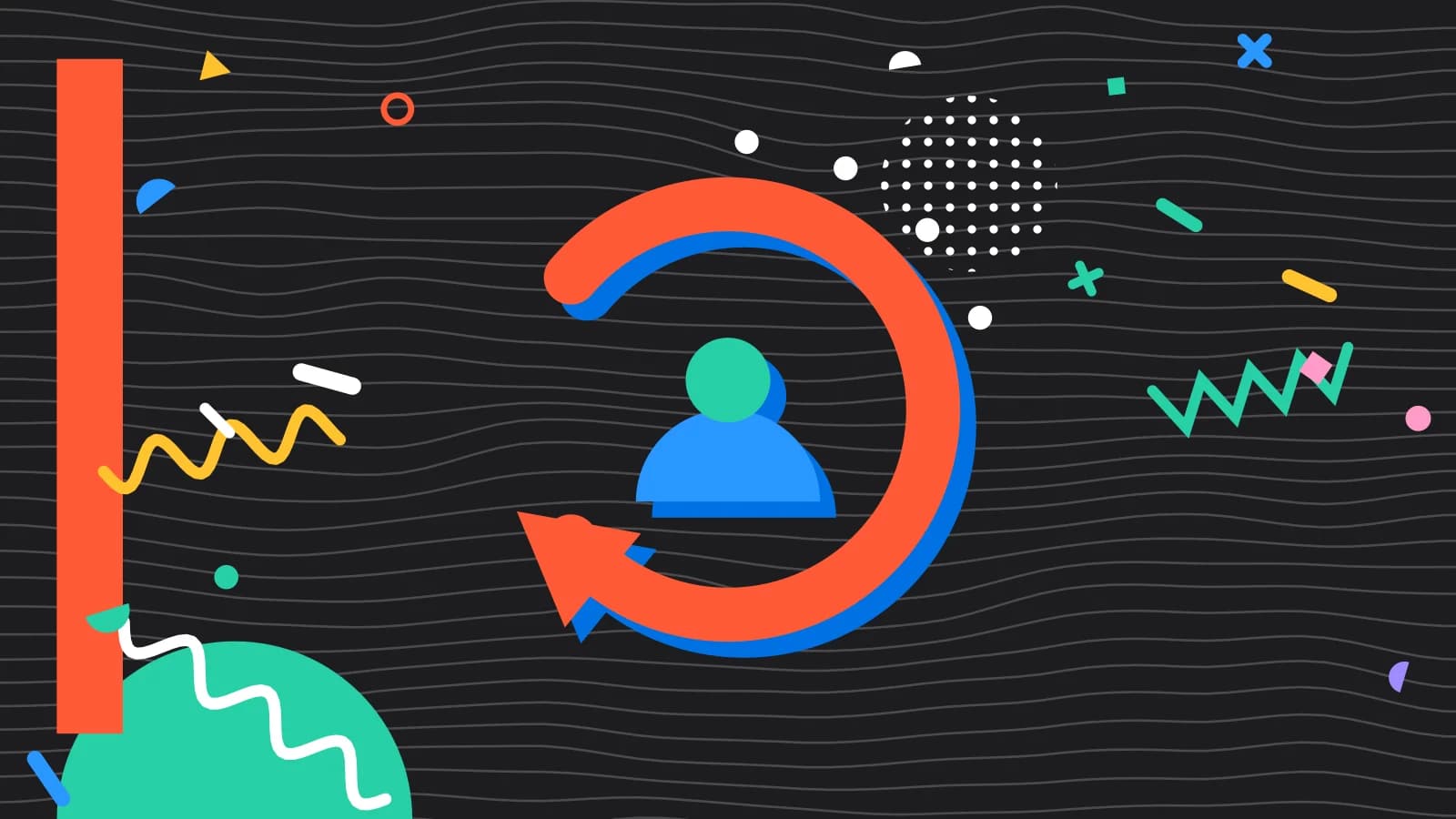 Illustration for staff retention: a looping arrow around a returning guest, in coral and mint on black.