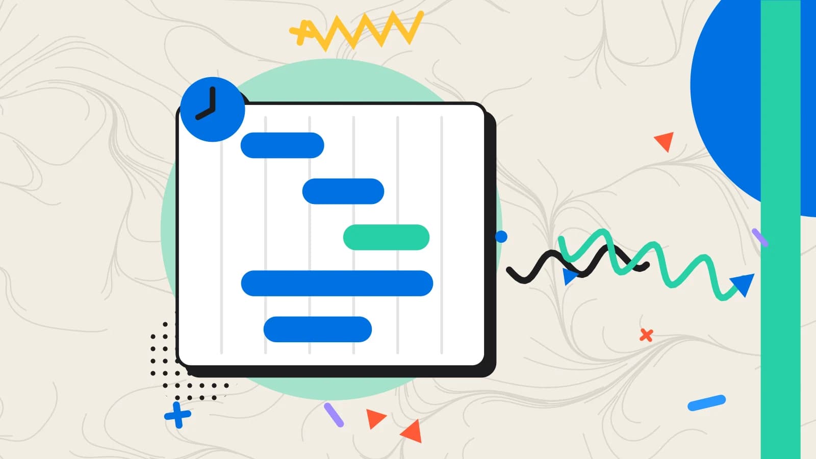 Illustration for staff scheduling: a rota of shift bars on a grid, in mint and blue on cream.