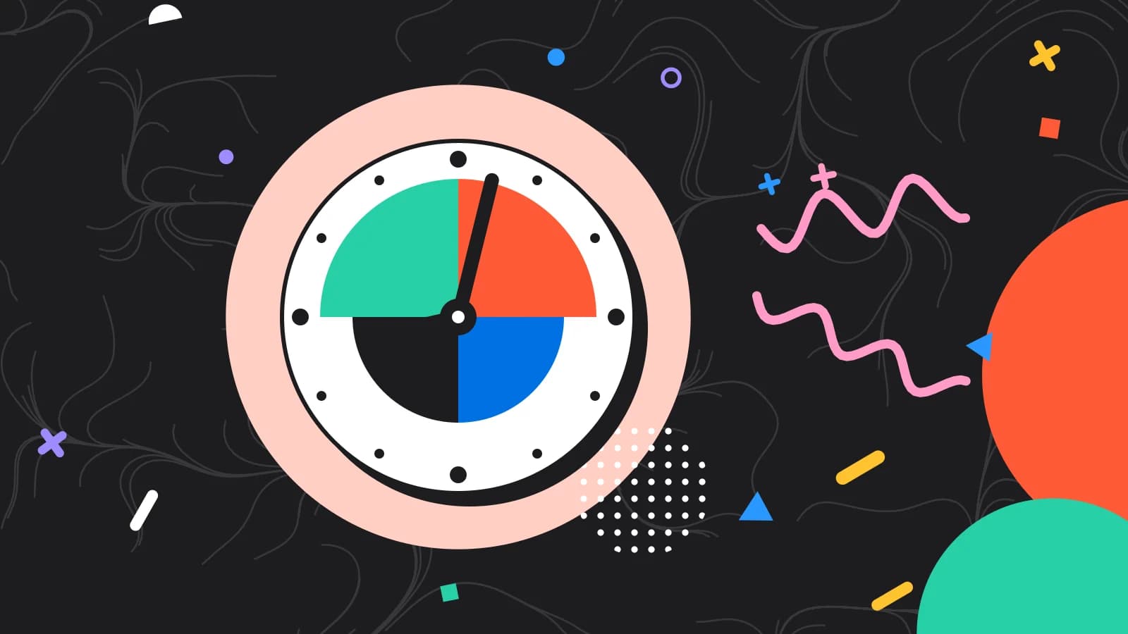 Illustration for staff training: a clock face made of quarter circles, in coral and mint on black.