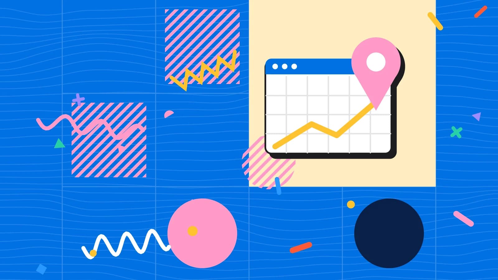 Illustration for structured data for restaurants: a location pin over a browser window with a map, in yellow and pink on blue.
